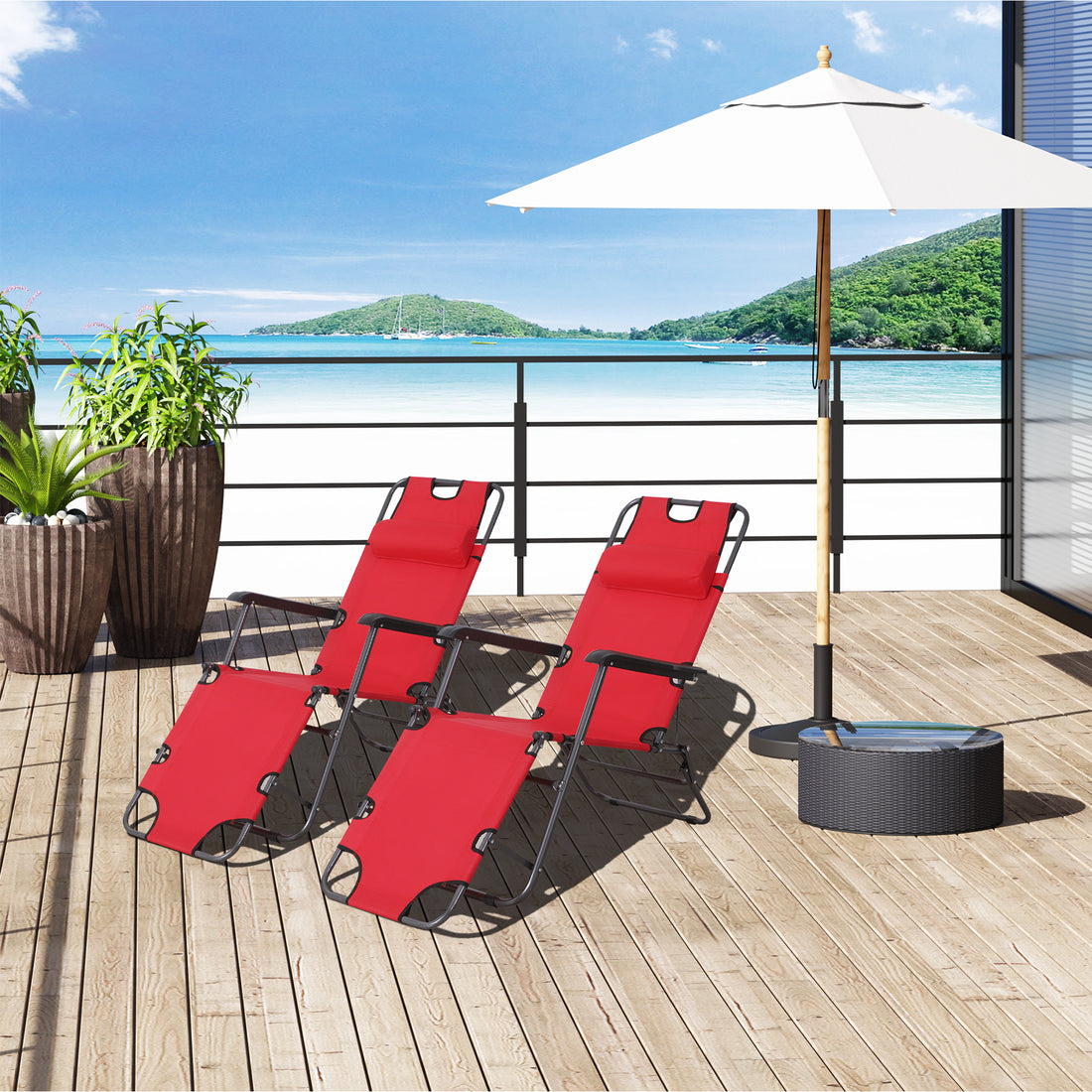 2 Pieces 2 in 1 Sun Lounger Folding Reclining Chair Garden Outdoor Camping Adjustable Back with Pillow, Red