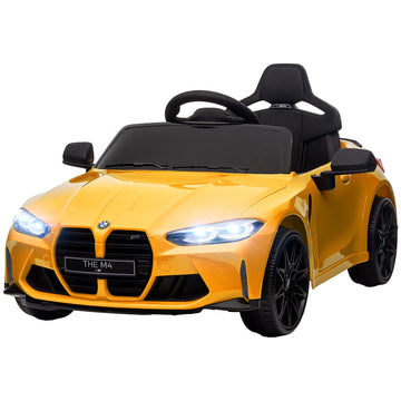 12V BMW M4 Licensed Kids Car with Easy Transport, Remote Control, Suspension, Music, Horn, LED Lights, Yellow