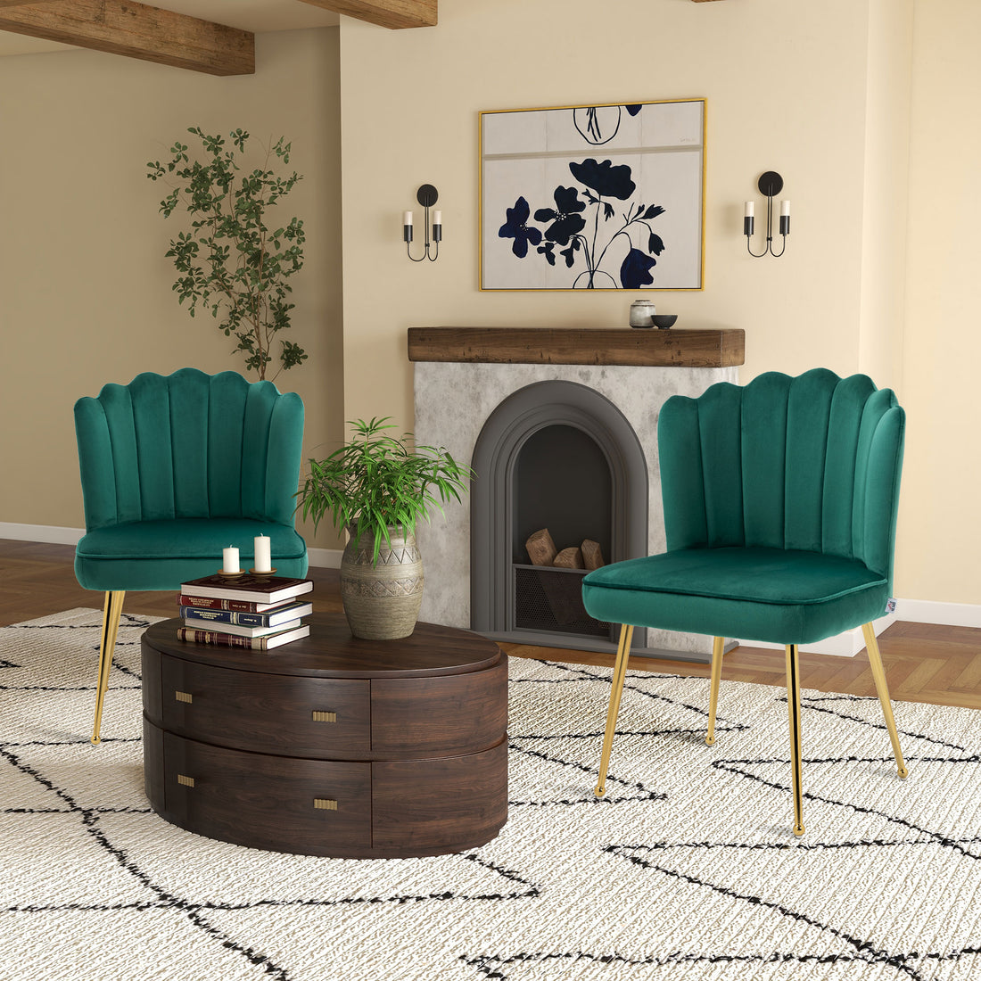 Shell Dining Chairs Set of 2, Upholstered Kitchen Chairs with Gold Metal Legs and Backrest, Velvet Fabric Lounge Leisure Chairs for Living Room, Reception Room, Green