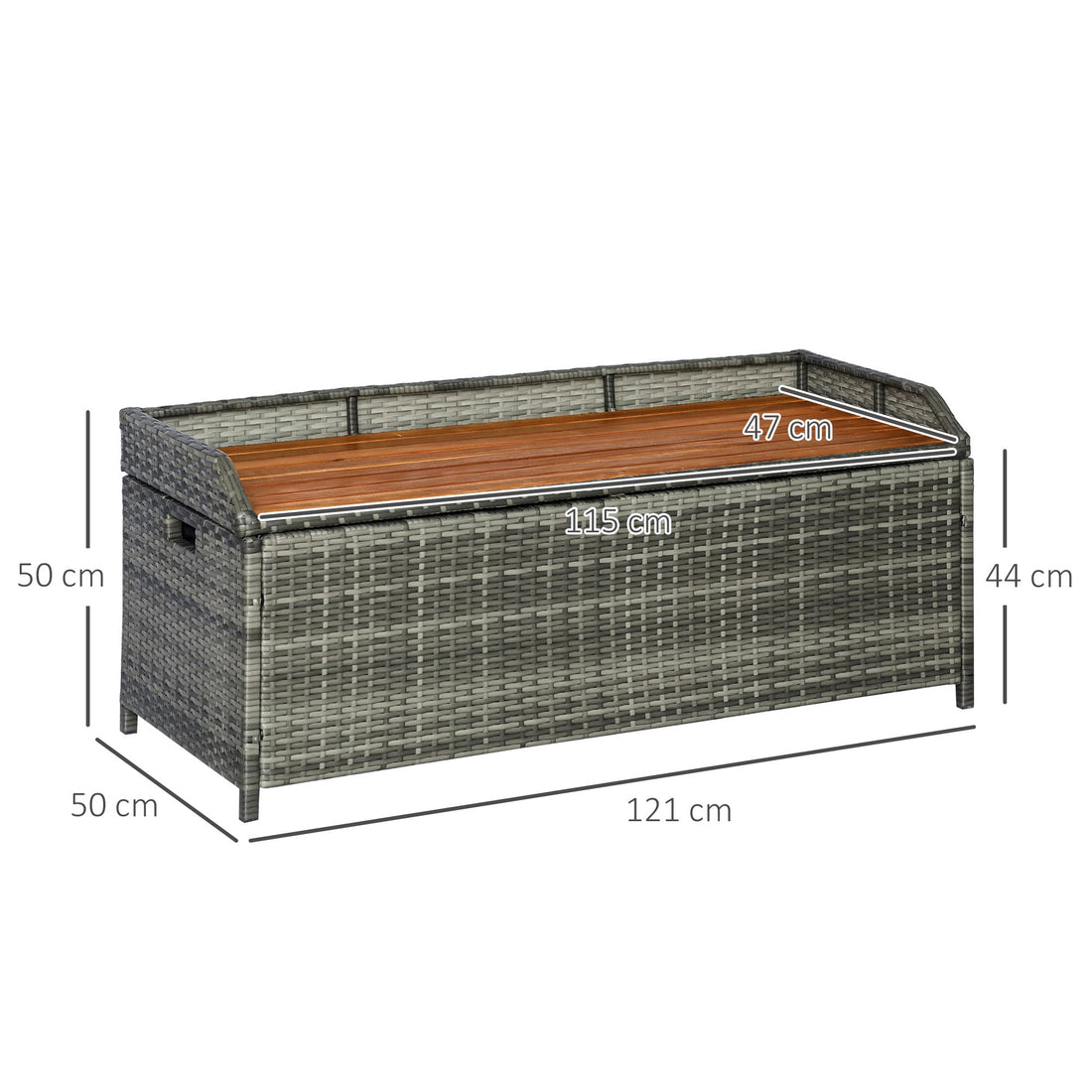 Patio Wicker Storage Bench Box, Outdoor Garden PE Rattan Pool Storage Deck Bin Box w/ Natural Wood Top, Lid, Ideal for Storing Tools, Accessories and Toys, Mixed Grey