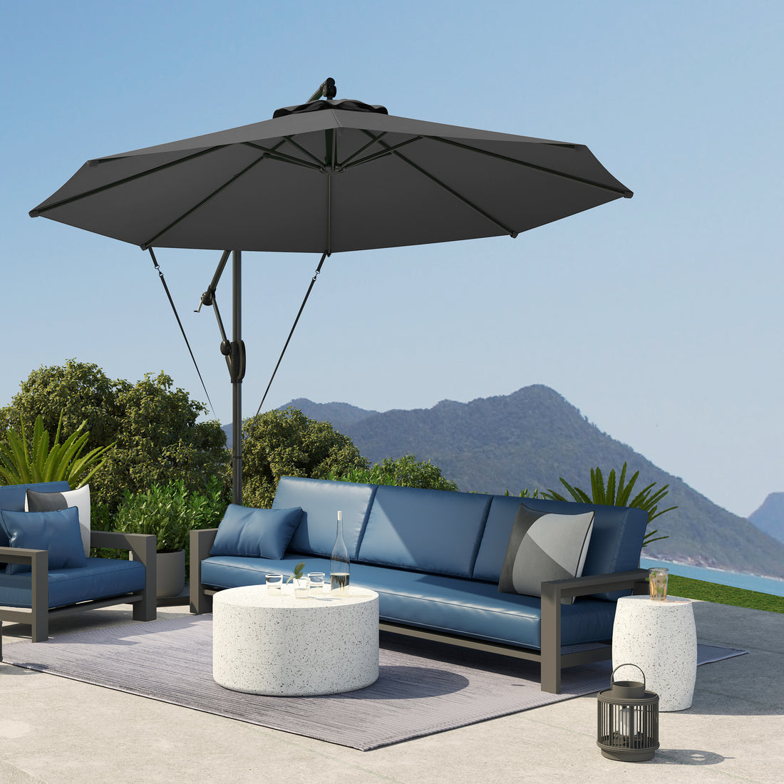 3(m) Garden Cantilever Parasol with Cover and Wind Protection Strap, Round Overhanging Umbrella with Crank Handle and Tilt, Banana Patio Umbrella for Outdoor Sun Shade, UPF50+, Grey