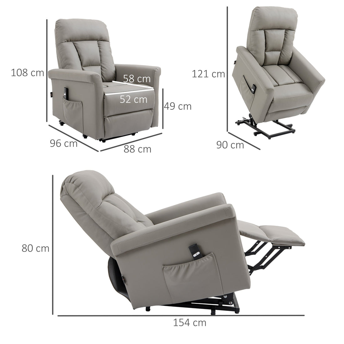 Power Lift Chair Armchair for the Elderly, PU Leather Recliner Chair with Extended Footrest, Remote Control and Side Pocket, Grey