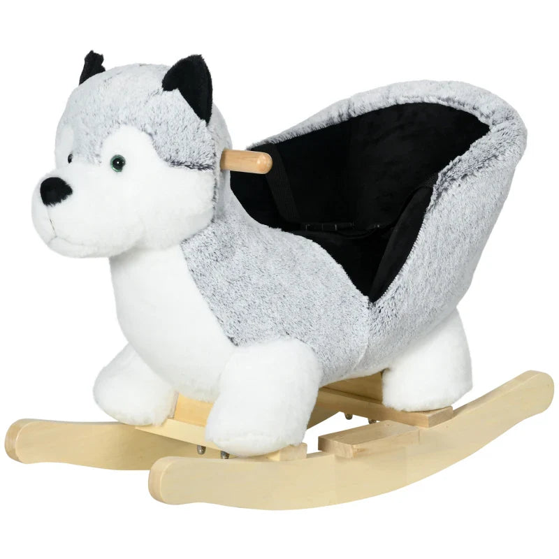 Baby Rocking Horse, Husky-Designed Plush Rocking Animal, with Sounds, Seatbelt, for Ages 18-36 Months - Grey