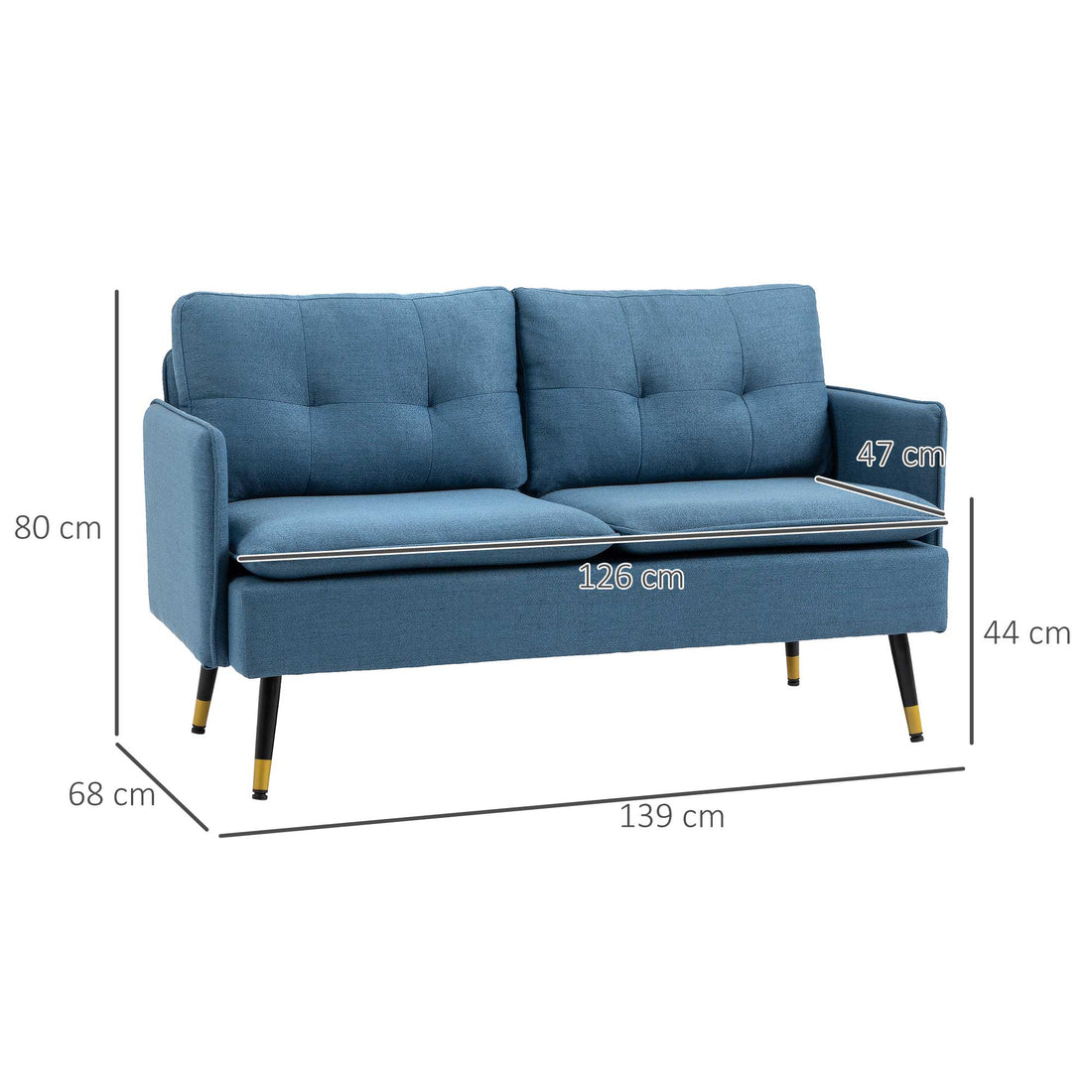 Modern Two Seater Sofa, Button Tufted Loveseat with Cushions and Steel Legs for Living Room, Guest Room, Dark Blue