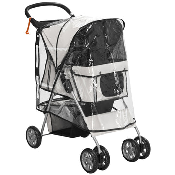 Dog Stroller with Rain Cover for Small Miniature Dogs, Folding Pet Pram with Cup Holder, Storage Basket, Reflective Strips, Grey