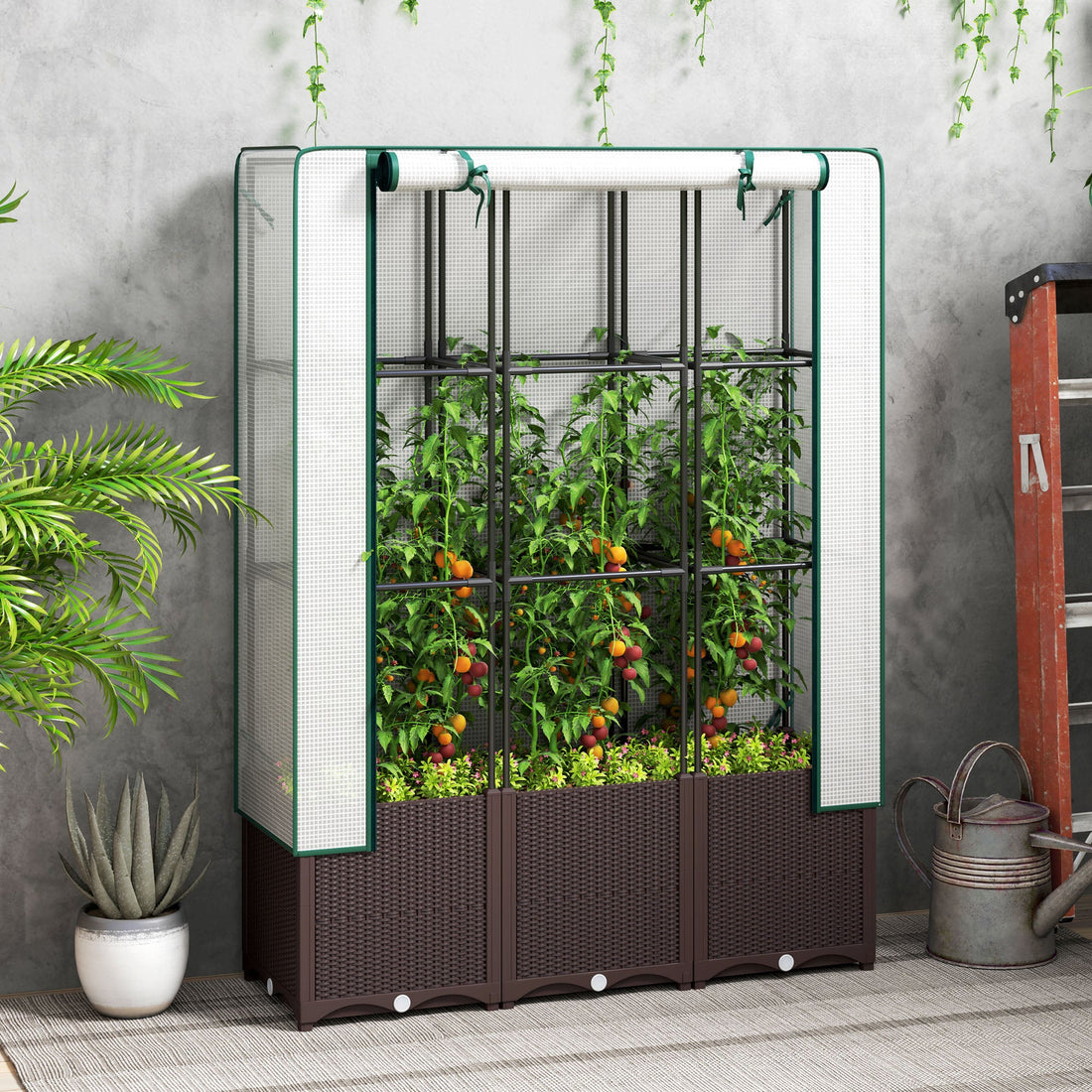 Raised Garden Bed with Trellis, Plastic Planter Box with PE Cover, Drainage Holes and Drain Plugs for Climbing Plants, Vegetables, Flowers, 120 x 40 x 140 cm