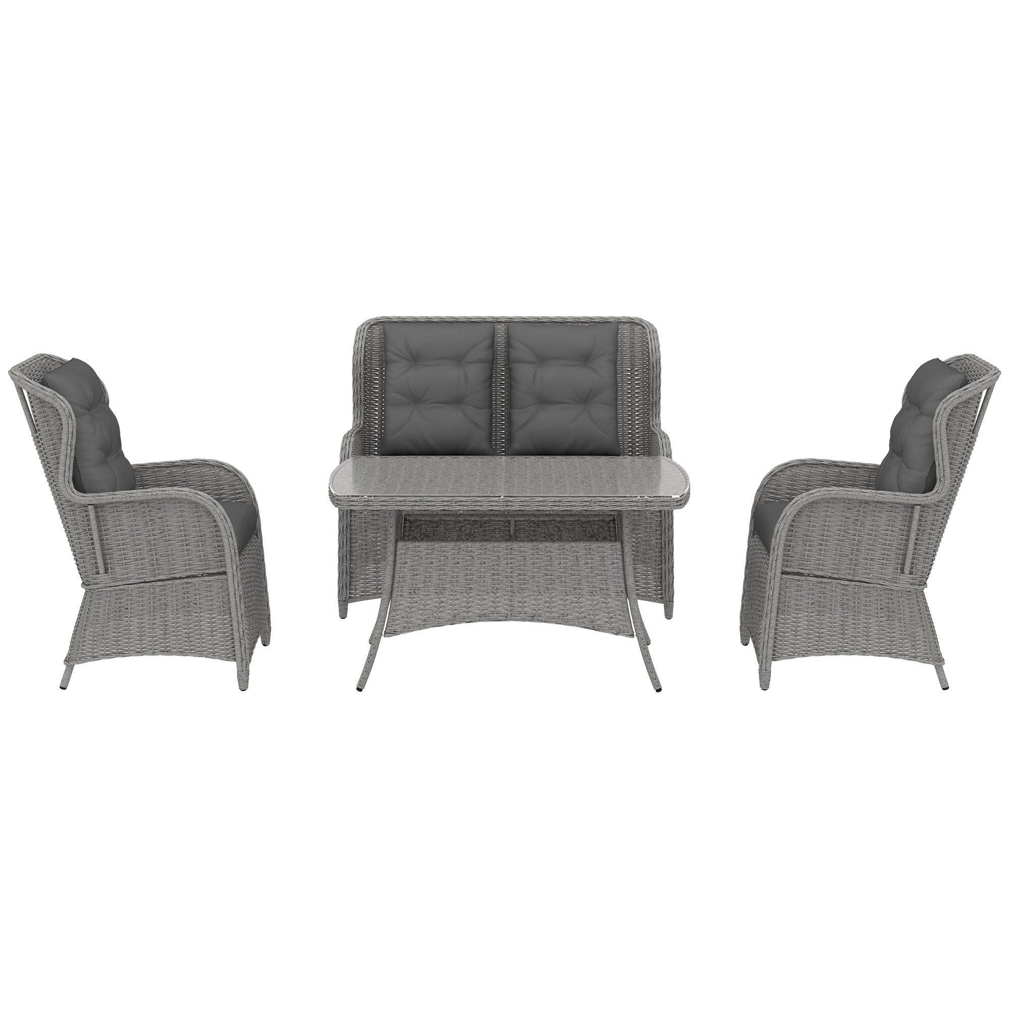 Garden PE Rattan Dining Sofa Set, Outdoor 4 Seater Wicker Furniture, High Back Chairs with Cushions, Tempered Glass Coffee Table for Patio, Light Grey