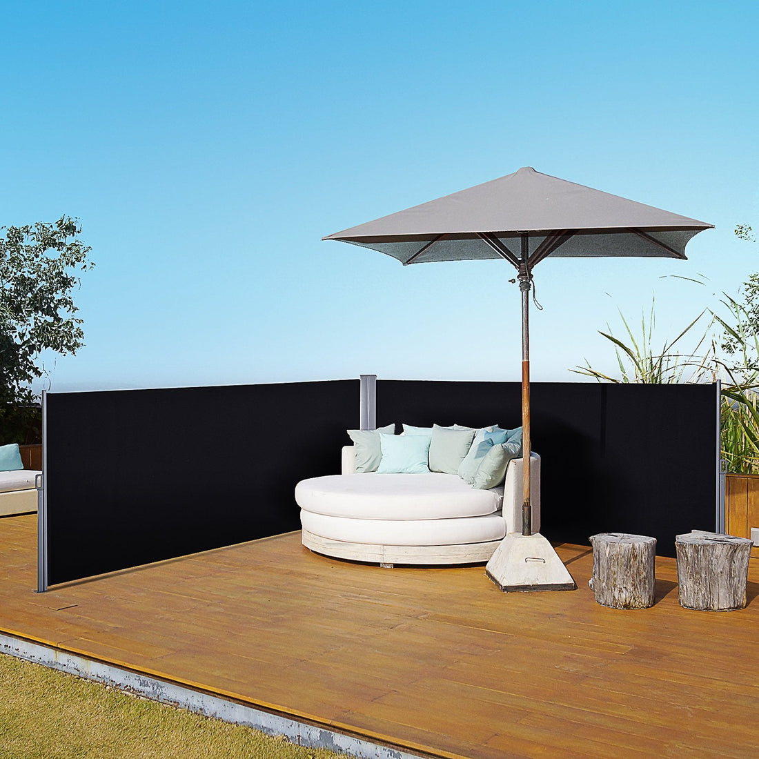 600 x 180 cm (HxL) Retractable Awning Double Canopy Side Privacy Protection Sun Shade Side Blind w/ Steel Frame Versatile Use In Garden Patio - Black