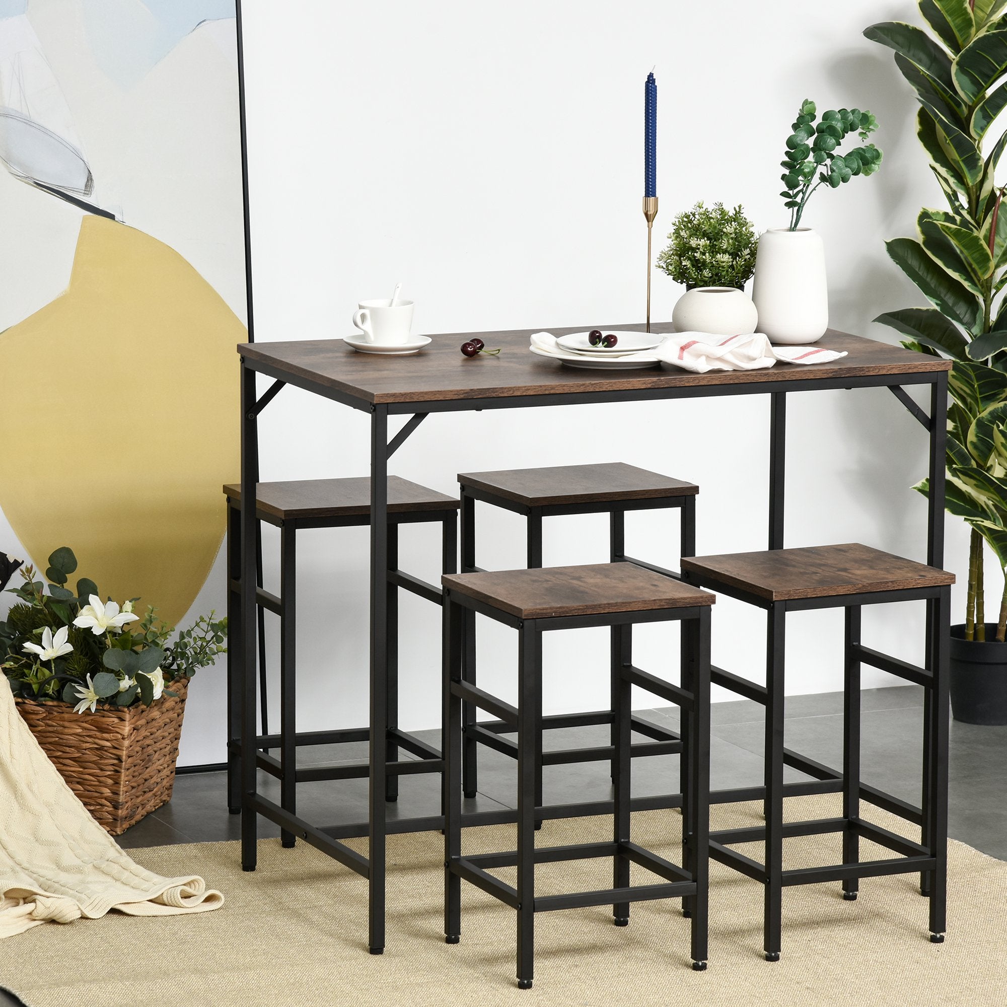 Industrial Rectangular Bar Table Set with 4 Stools for Dining Room, Kitchen, Dinette
