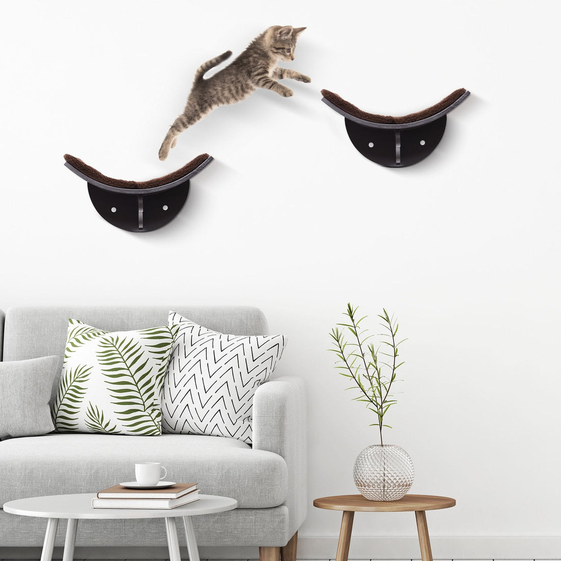 Wood Cat Shelves, Wall-Mounted Cat Shelter, Curved Kitten Bed Perch Climber Furniture 41 x 28 x 21cm Brown