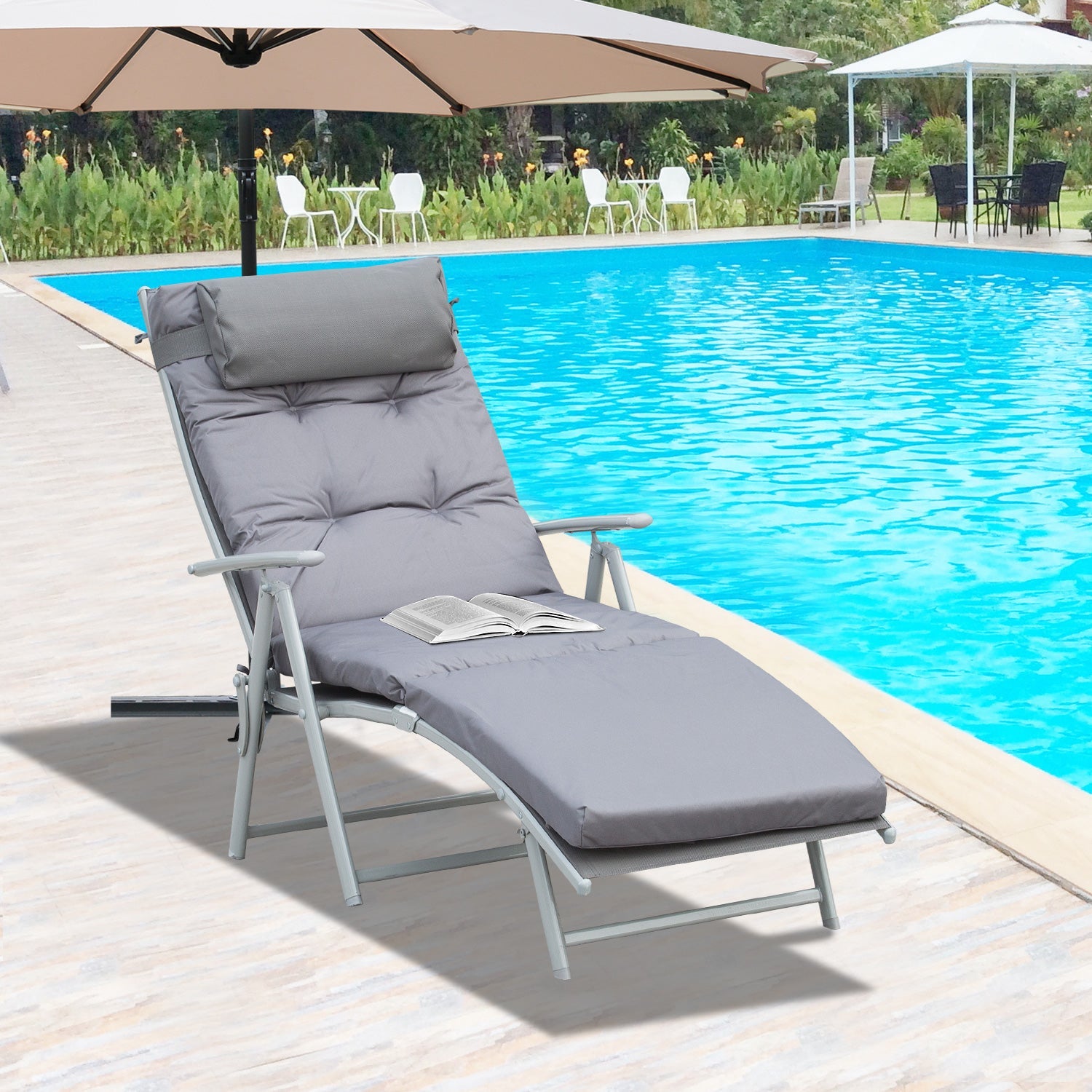 Steel Frame Outdoor Garden Padded Sun Lounger w/ Pillow Grey
