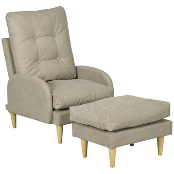 Upholstered Recliner Armchair with Footstool Set, Modern Button Tufted Accent Chair with Adjustable Backrest, Cushions, Wood Legs and Side Pockets for Living Room, Bedroom, Home Study, Beige