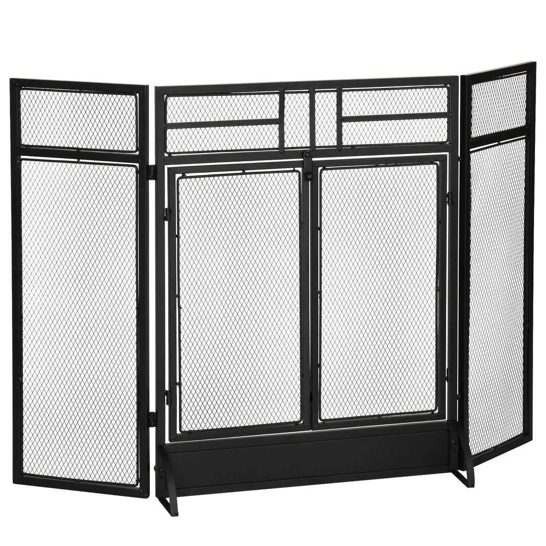 3-Panel Folding Fireplace Screen with Door, Freestanding Spark Guard, Metal Mesh Fireguard, Black