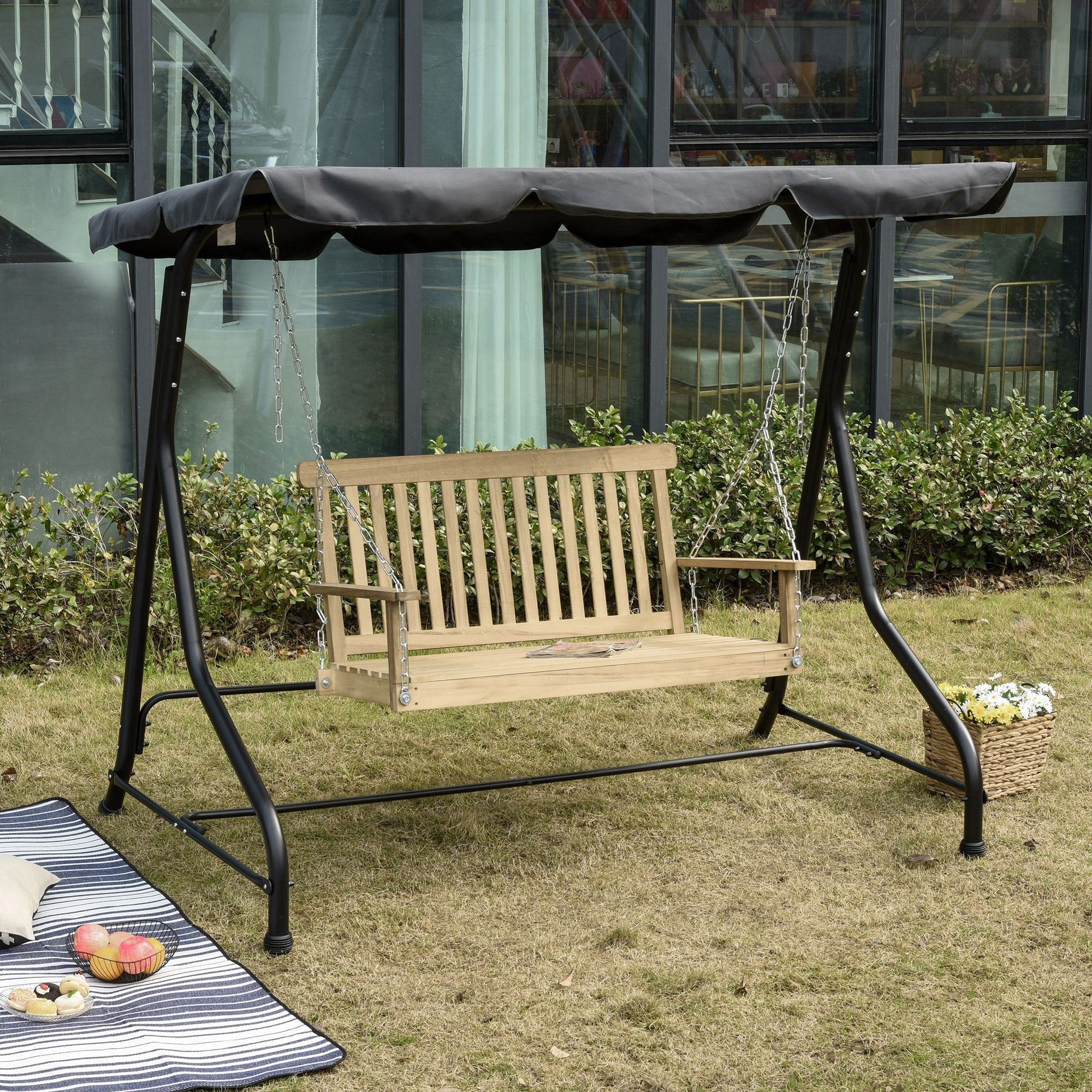 Outdoor Wooden Swing Bench 2-Seater Porch Swing Chair Hanging Hammock Garden Furniture, Natural