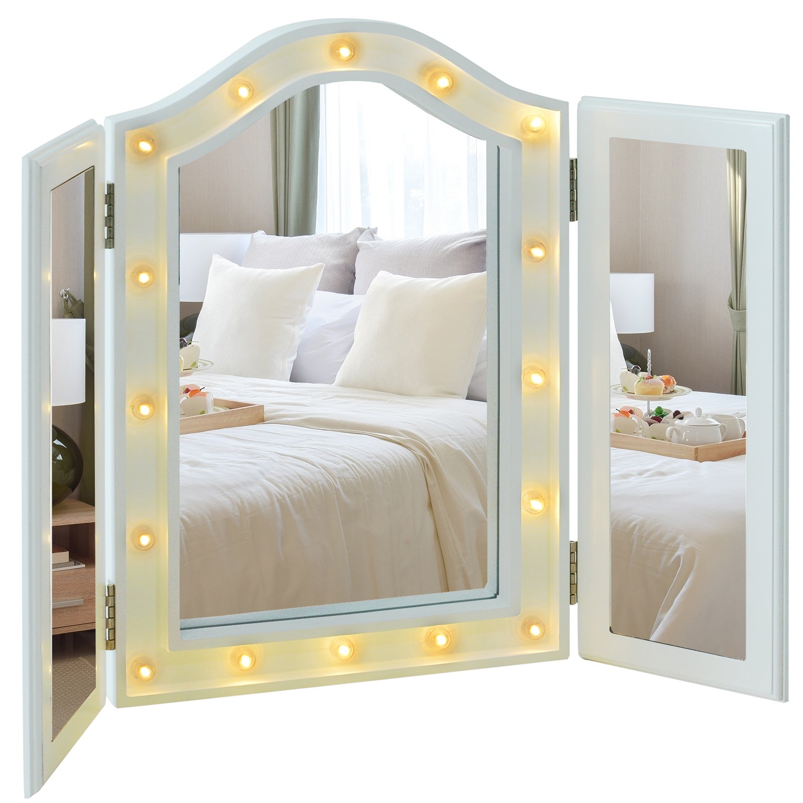 Trifold Freestanding Mirror, Lighted Tabletop Vanity Mirror Large Cosmetic w/16 LED Lights powered by batteries Foldable For Bedroom- White