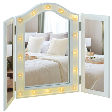 Trifold Freestanding Mirror, Lighted Tabletop Vanity Mirror Large Cosmetic w/16 LED Lights powered by batteries Foldable For Bedroom- White