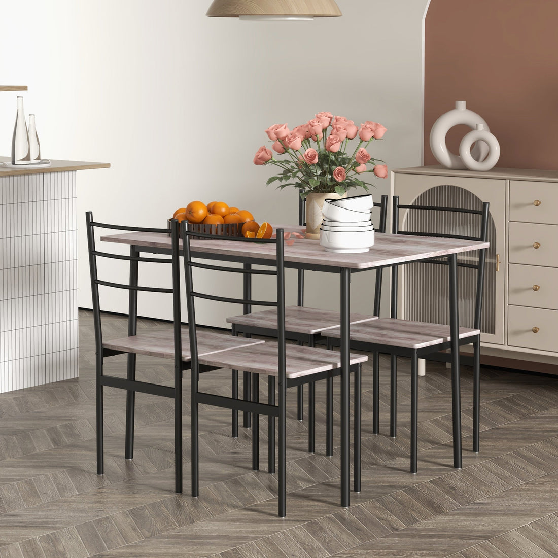 5 Piece Dining Table and Chairs Set, Dining Room Sets, Steel Frame Space Saving Table and 4 Chairs for Compact Kitchens, Black