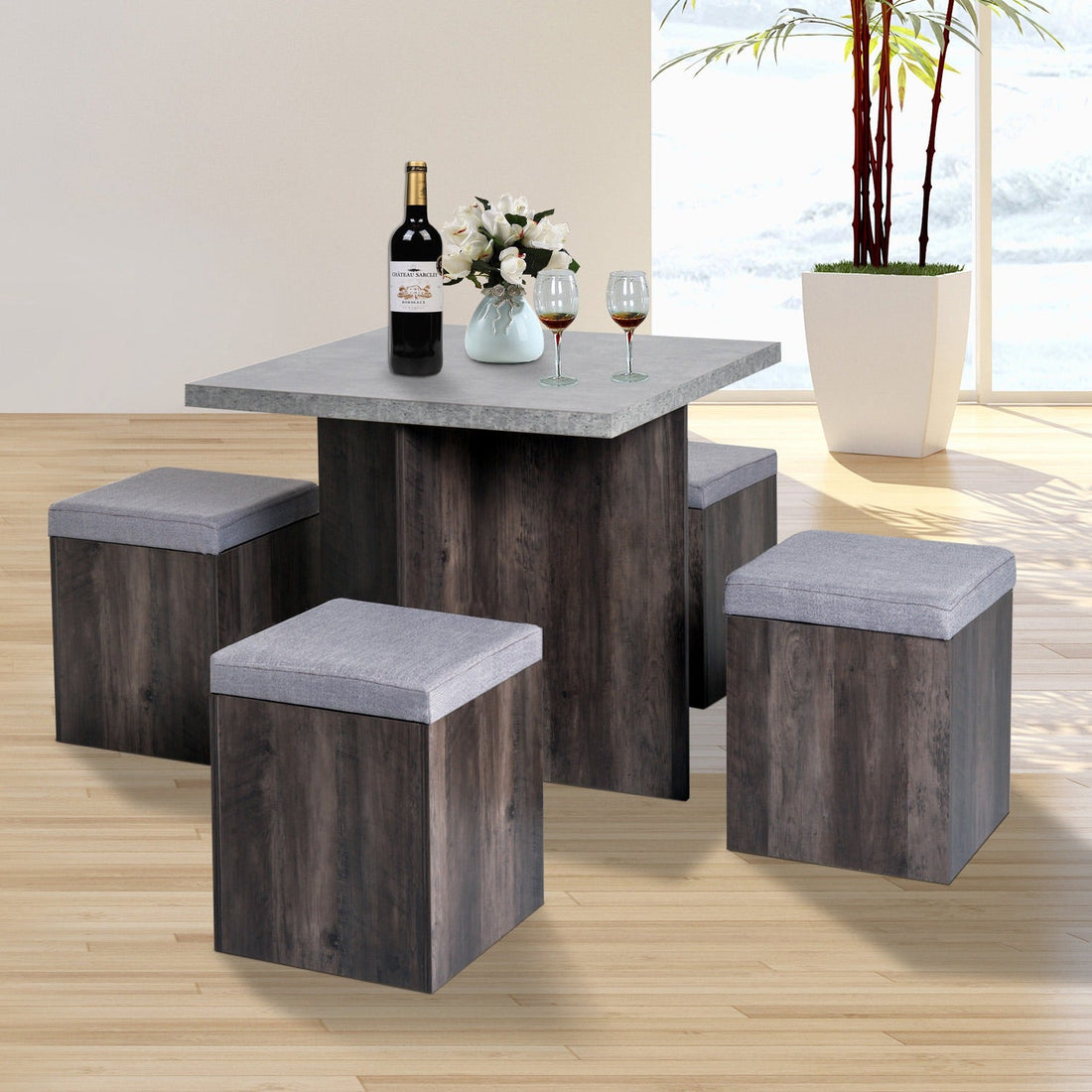 5PC Dining Set Garden Patio Wooden Set 4 Storage Stools Footrest Ottoman with Cushions + 1 Table Space Saving Design Indoor Outdoor