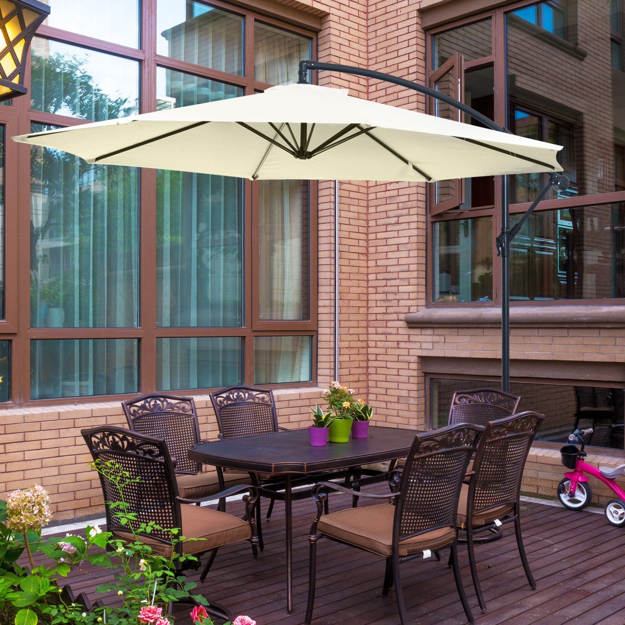 3 m Parasol Garden Sun Umbrella Banana Hanging Rattan Set Umbrella Cantilever - Cream white