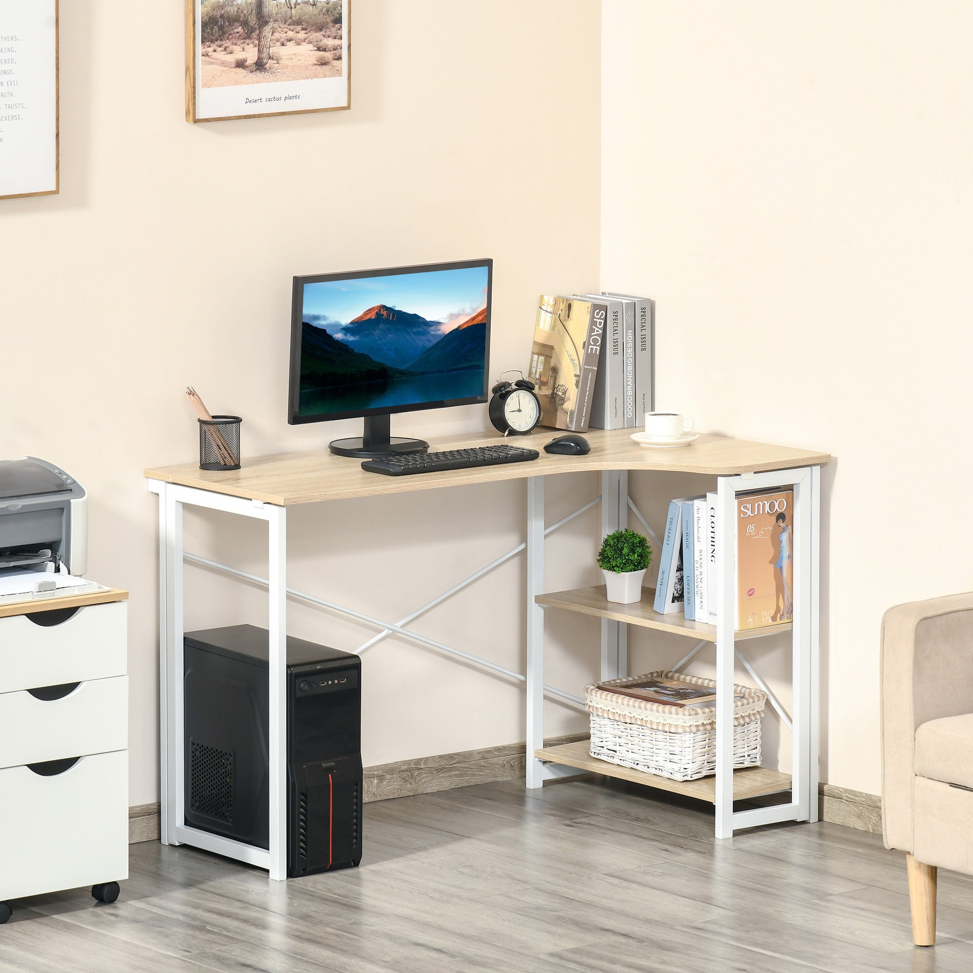 Folding Desk, L Shaped Desk, Corner Computer Desk with 2-Tier Storage Shelf for Home Office, Study Room, Workstation, Easy Assembly, 120 x 72.5 x 76.5cm, Oak Tone