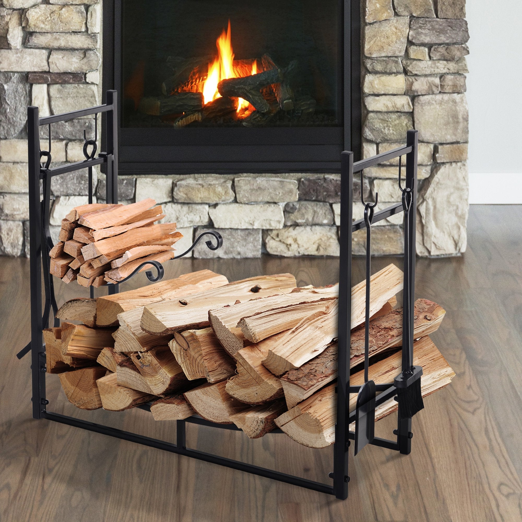 Metal Firewood Log Holder Indoor Outdoor Firewood Rack Fireplace 2 Tier Wood Storage Shelf with 4 Tools, Hooks, Scrolls, Black, 84W x 33D x 76H cm