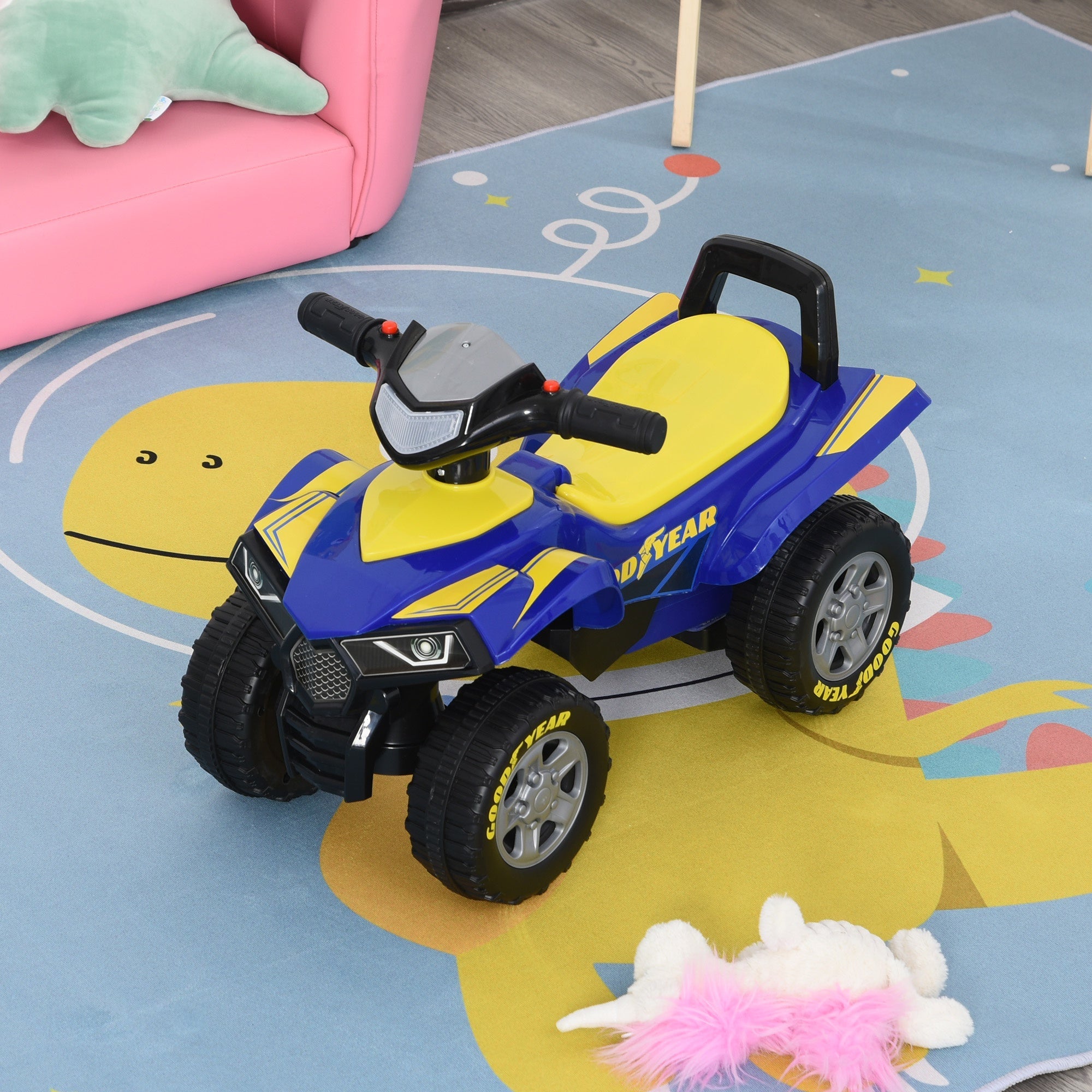 Baby Quad Bike Kids Ride On Car Goodyear Licensed Walker Foot To Floor Slider NO POWER w/ Lights Horn Storage Blue for 18-36 Months