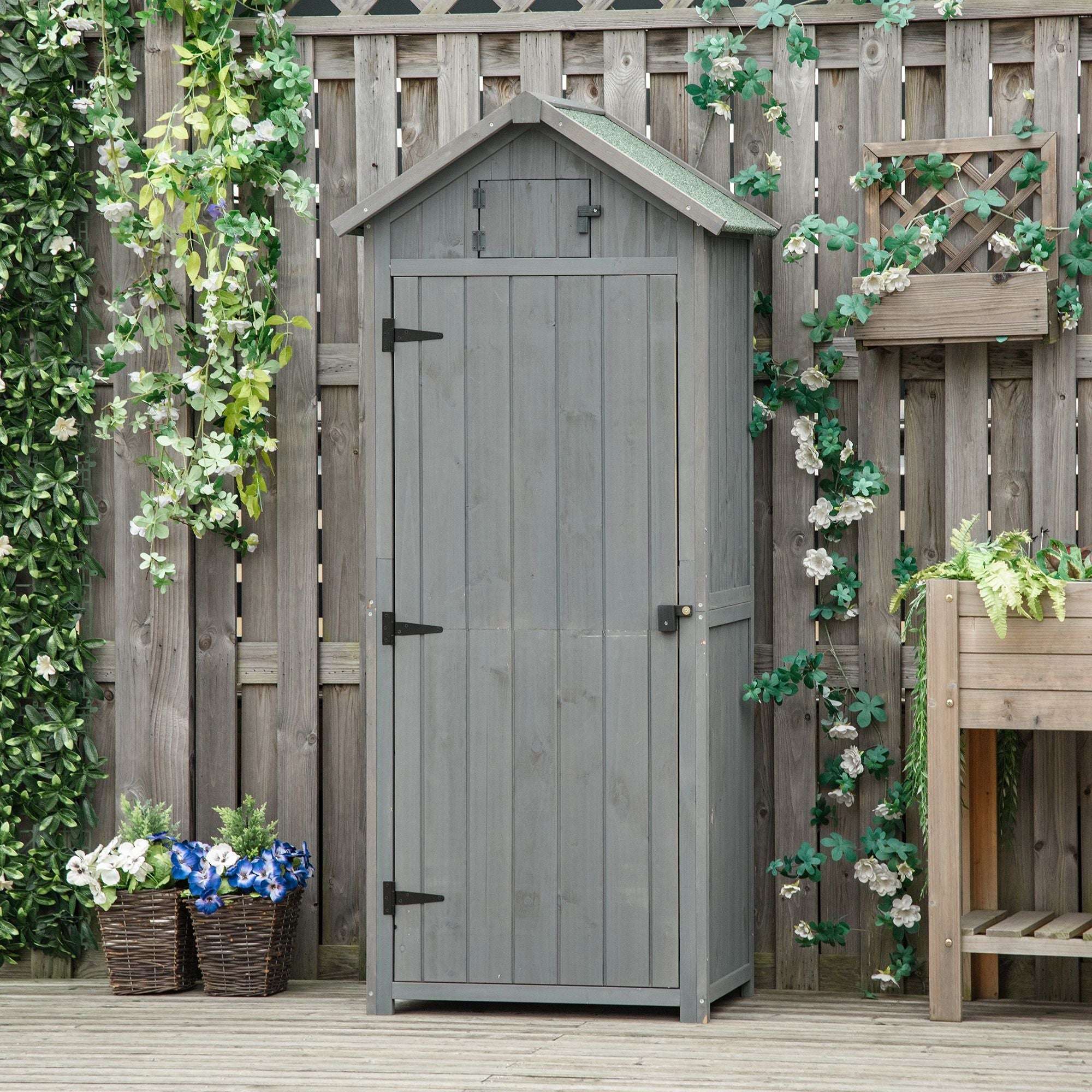 Wooden Garden Shed, Utility Outdoor Small Shed with Lockable Double Doors, Shelves and Roof Hatch, Grey
