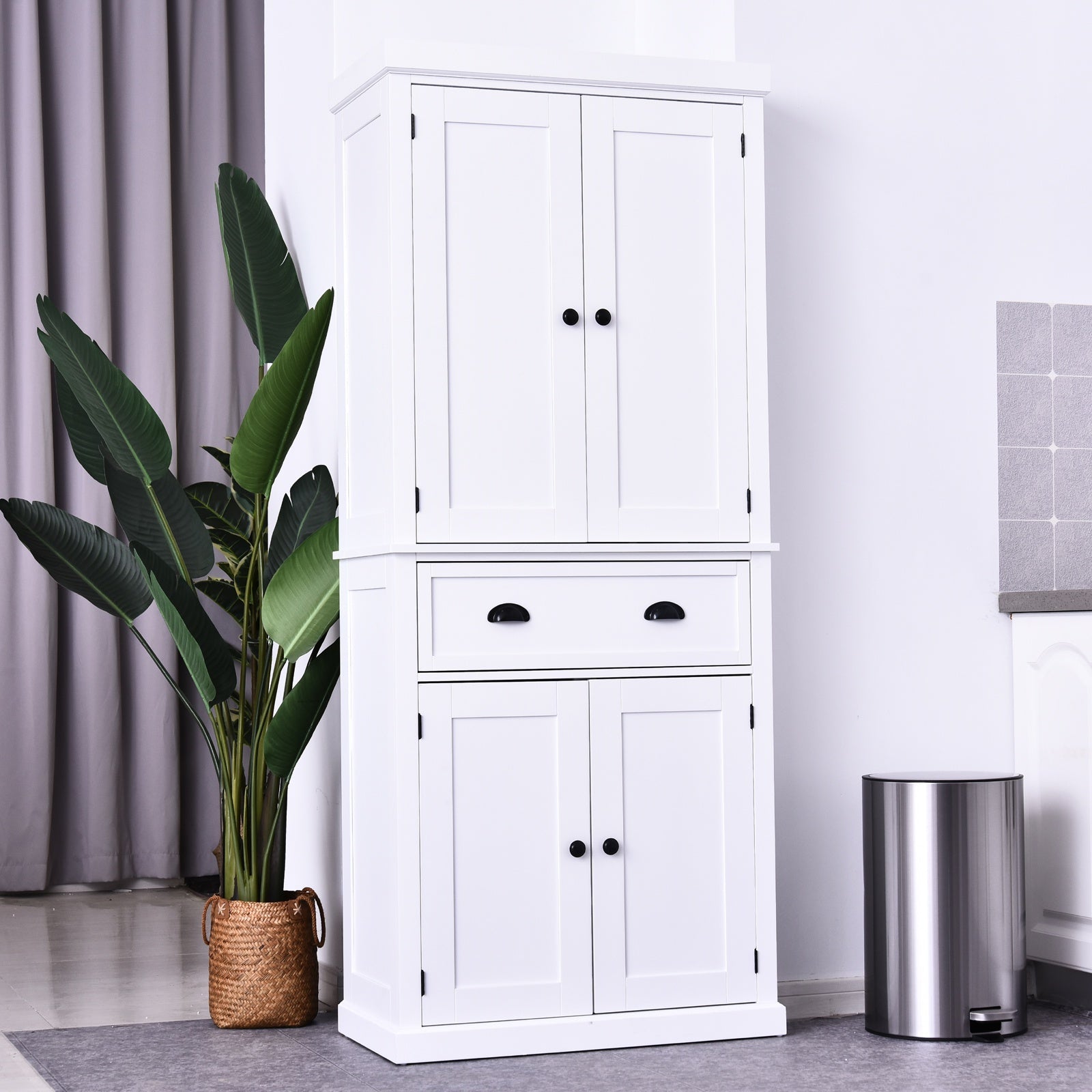 Freestanding Kitchen Cupboard, 184cm Tall Storage Cabinet with Doors and Shelves, Traditional Colonial 4-Door Kitchen Pantry Cupboard with Drawer, White