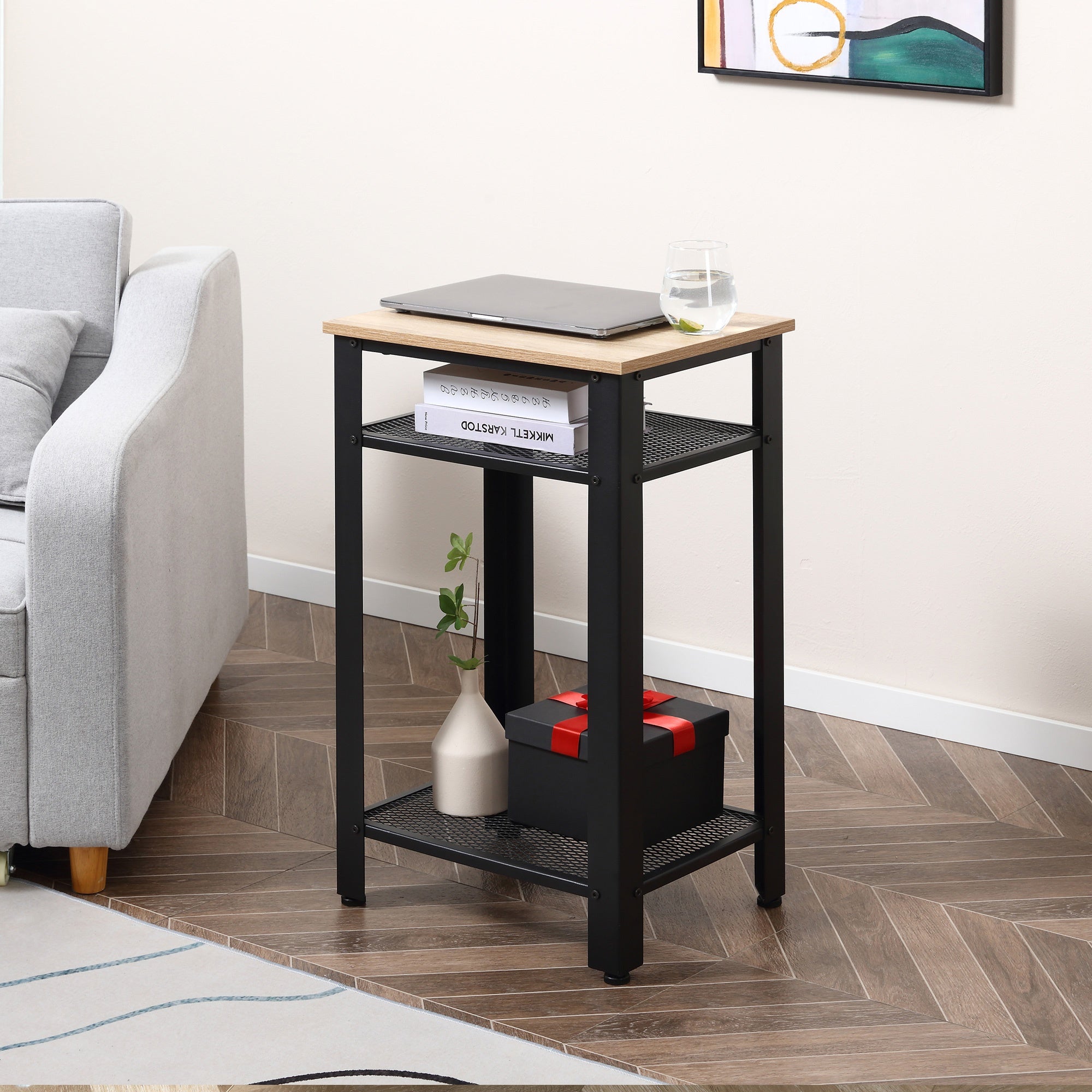 Tall Side Table with 3 Layer 2 Shelves Storage Display Industrial-Style Metal Frame Bedside End Table Nightstand for Living Room Bedroom Lounge