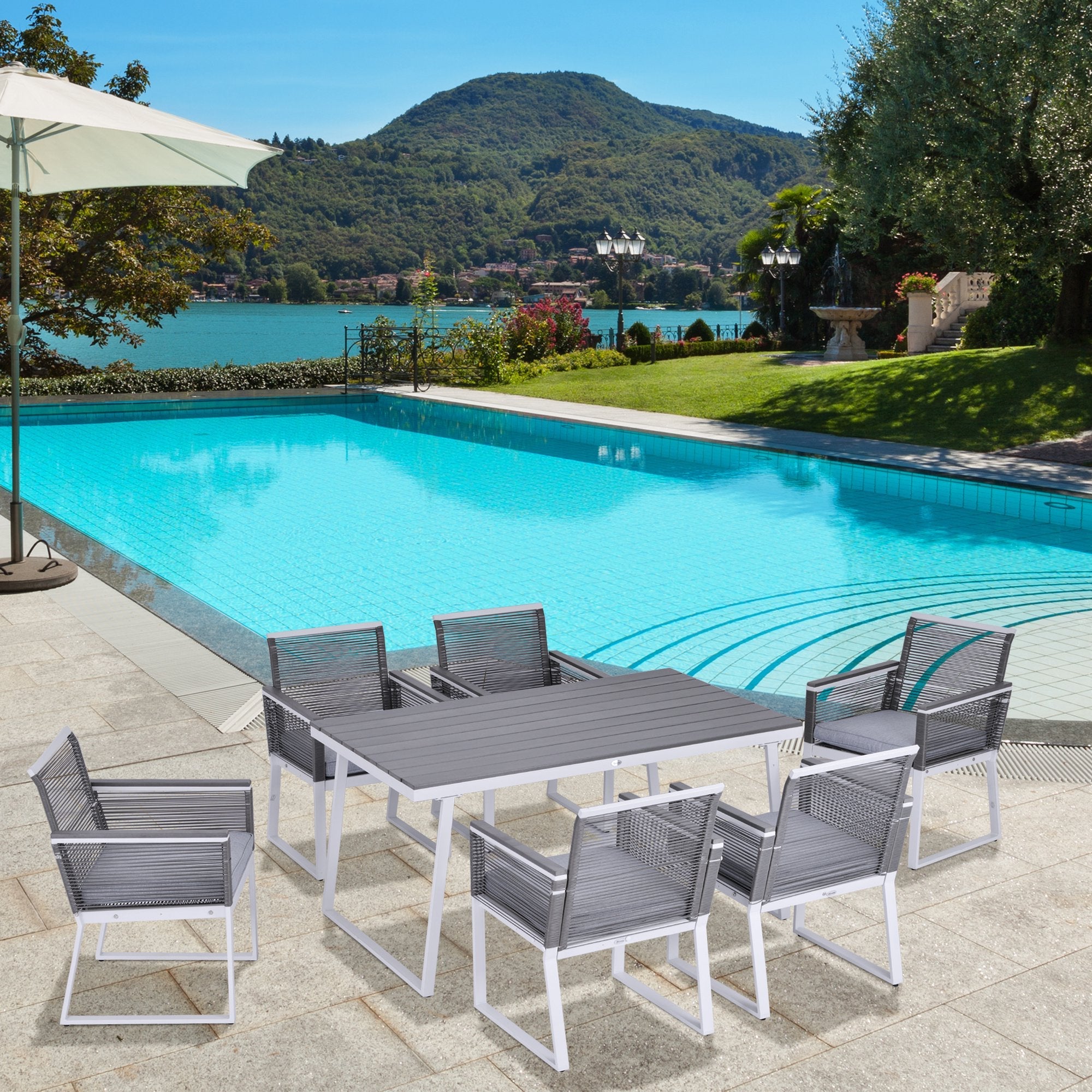 7 PCS Dining Set with 6 PE Rattan Cushioned Chairs & 1 Rectangle Table, Modern Outdoor Patio Furniture for Poolside, Porch, Patio, Balcony, Indoor