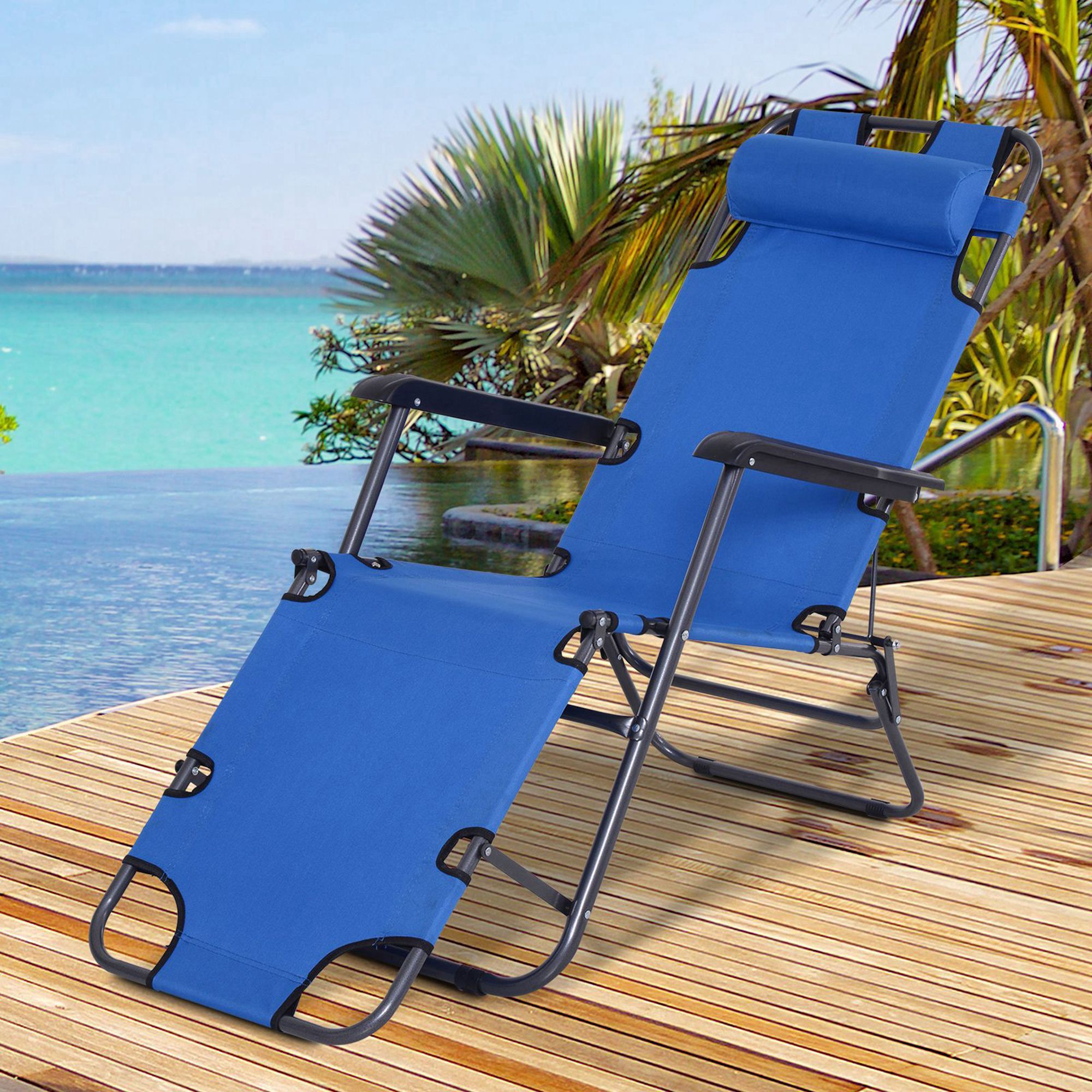 2 in 1 Sun Lounger Folding Reclining Chair Garden Outdoor Camping Adjustable Back with Pillow, Blue