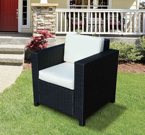 Single Seater Rattan Chair Sofa with 10 cm Thick Padded Cushion, All-Weather PE Wicker Weave Garden Armchair with Armrests, Black