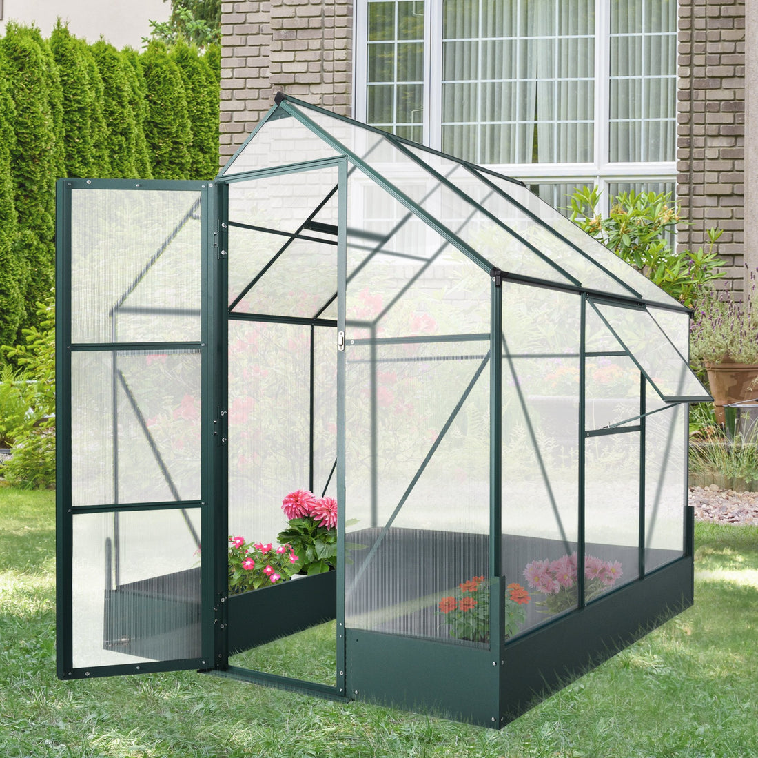 6x6 FT Polycarbonate Greenhouse with Base and Raised Bed, Walk-in Greenhouse with Aluminium Frame, Temperature Controlled Window, Foundation for Plants, Flowers, Vegetable