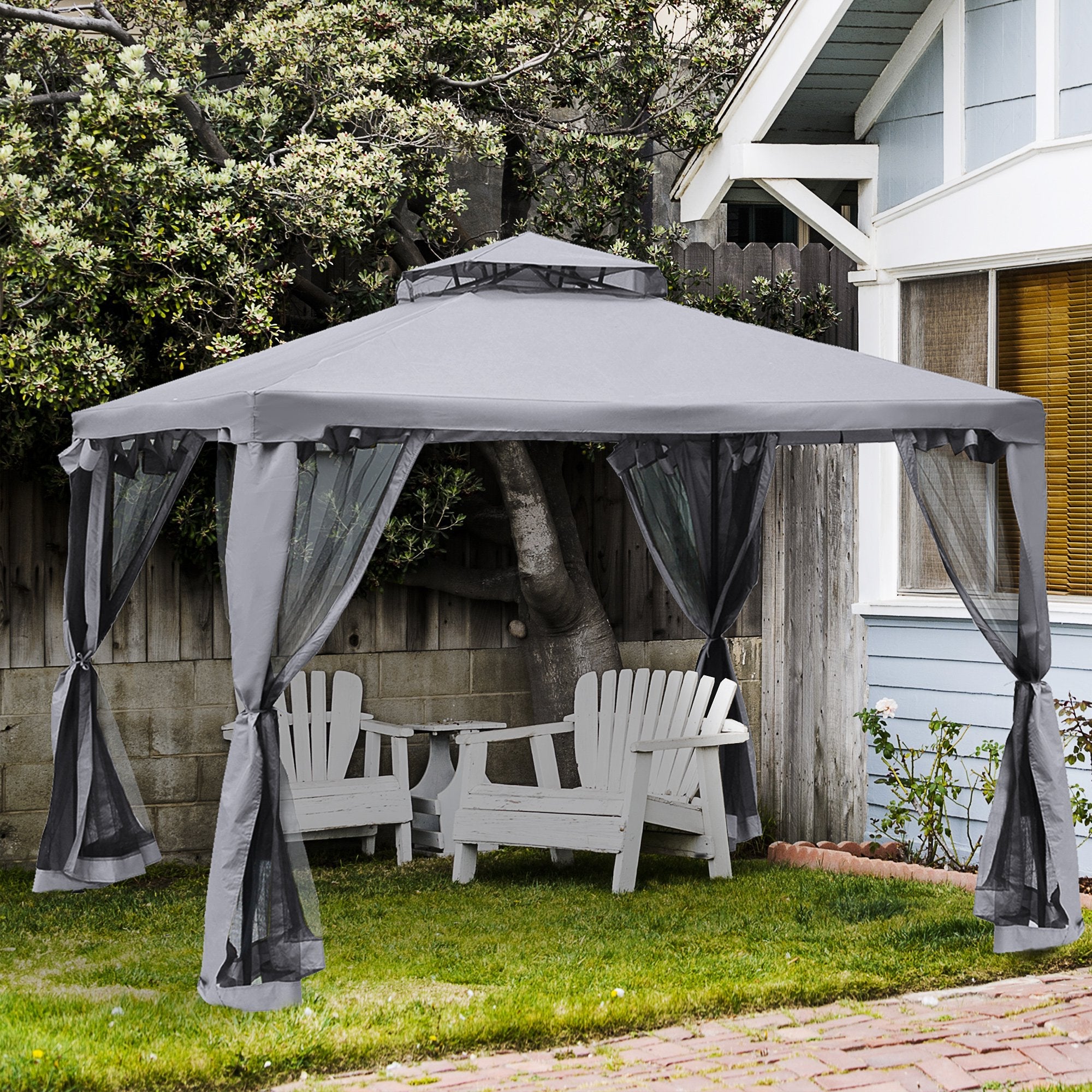3 x 3 m Metal Gazebo, Garden Pavillion, Double Roof Outdoor Canopy Shelter with Mesh Sidewalls, Grey