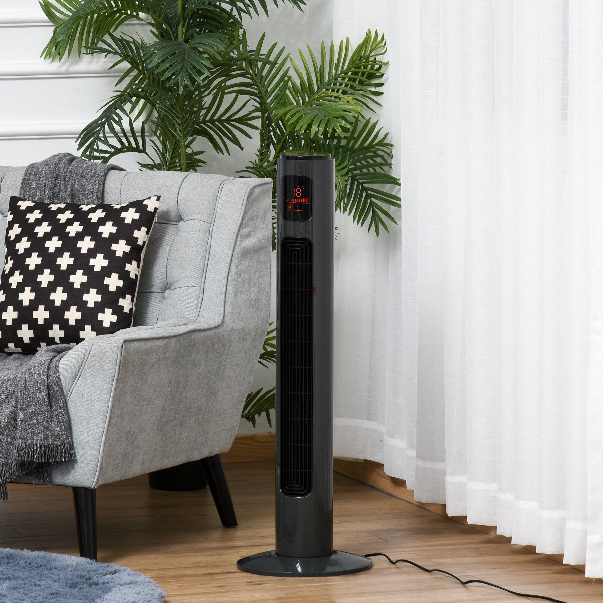 38'' Freestanding Tower Fan, 3 Speed 3 Mode, 12h Timer, 70 Degree Oscillation, LED Panel, 5M Remote Controller, Dark Grey