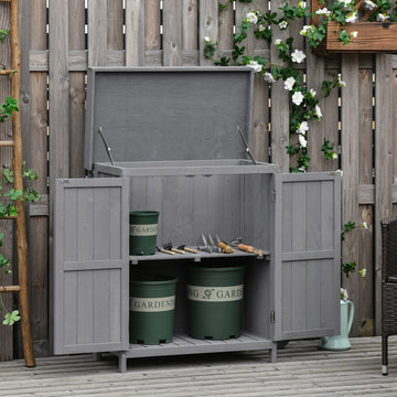 Wooden Garden Storage Shed with Hinged Roof and Shelves, Outdoor Storage Cabinet Chest, Double Doors, 74 x 43 x 88cm, Grey