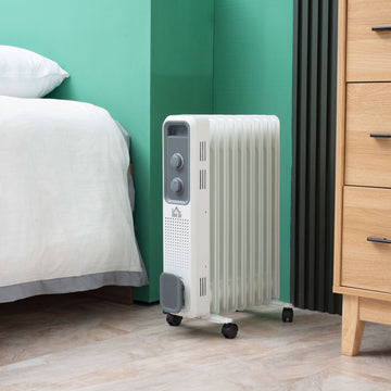 2000W Oil Filled Radiator, 9 Fin, Portable Electric Heater with 3 Heat Settings, Safety Cut-Off and Wheels, White