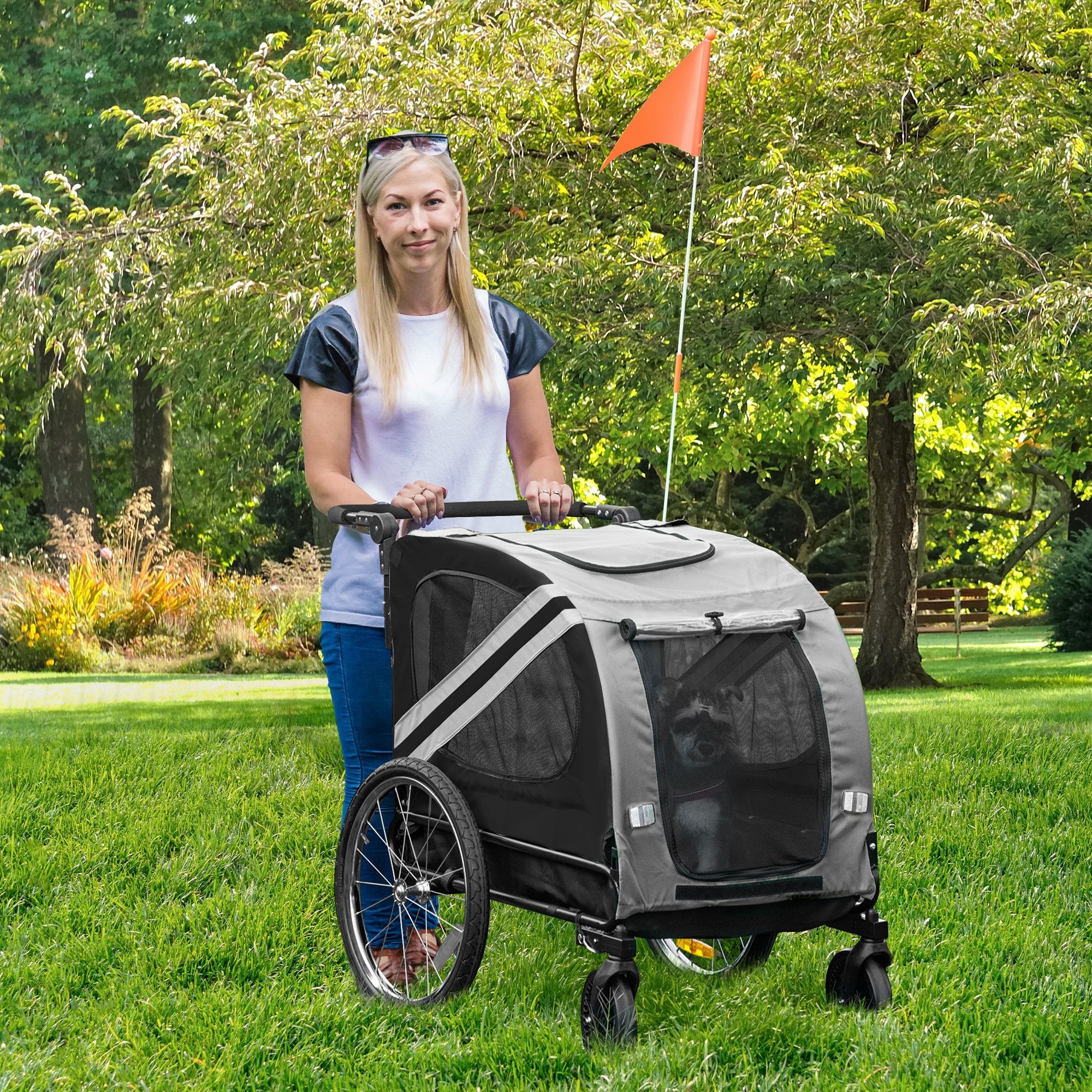 2-In-1 Pet Bike Trailer Dog Stroller Pushchair with Universal Wheel Reflector Flag Grey