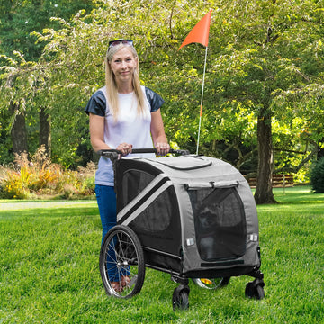 2-In-1 Pet Bike Trailer Dog Stroller Pushchair with Universal Wheel Reflector Flag Grey