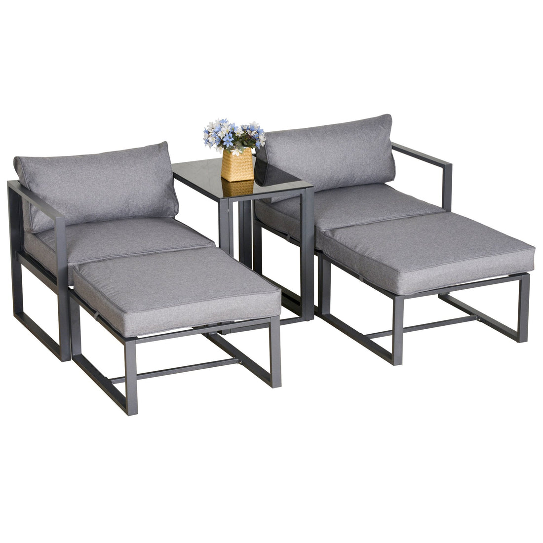 5 Piece Garden Aluminium Conversation Sofa Set Patio Furniture Set Outdoor 2 Sofas 2 Footstools End Table with Cushions