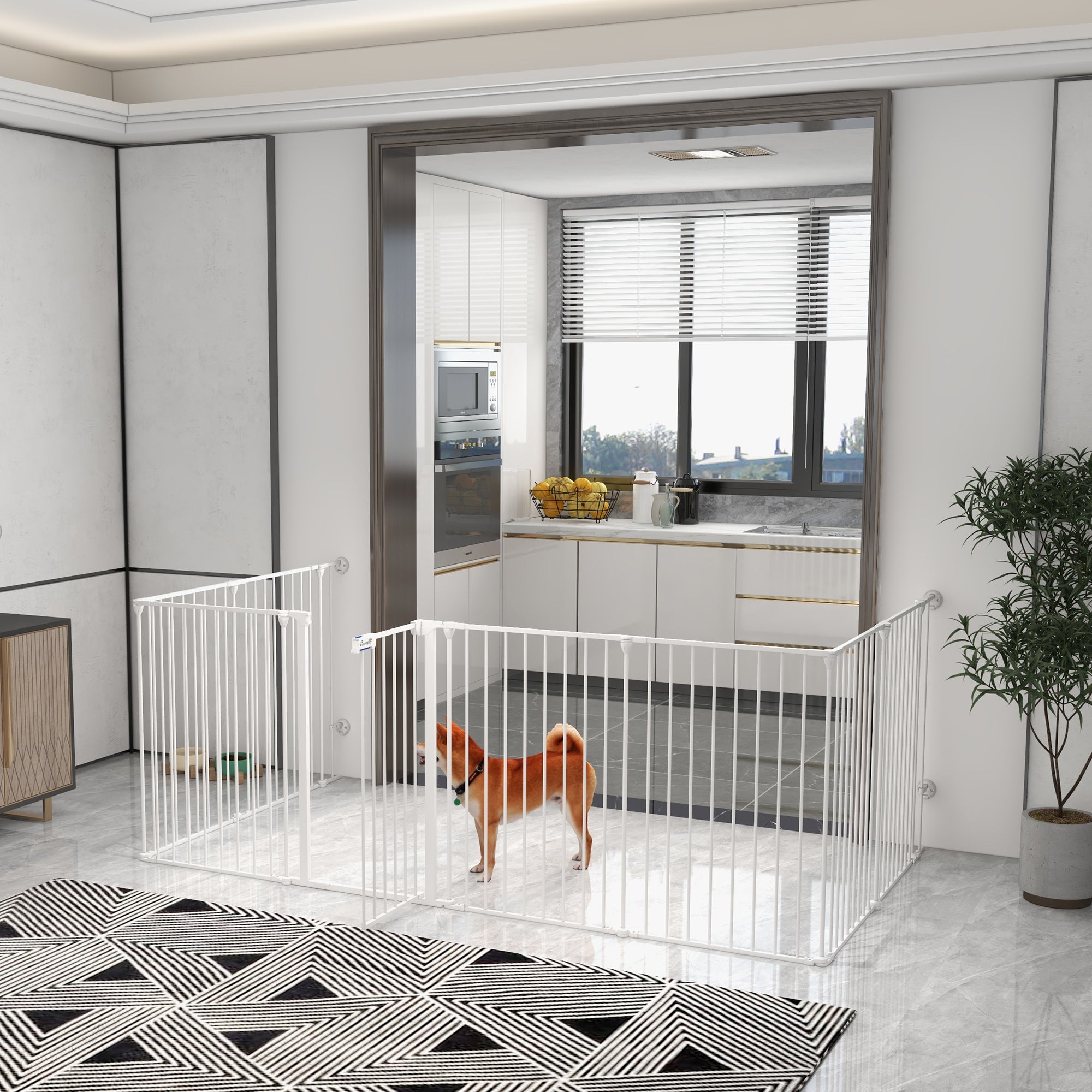 2 in 1 8 Panels Dog Pen, Safety Gate, with Lockable Door, for Medium Dogs - White