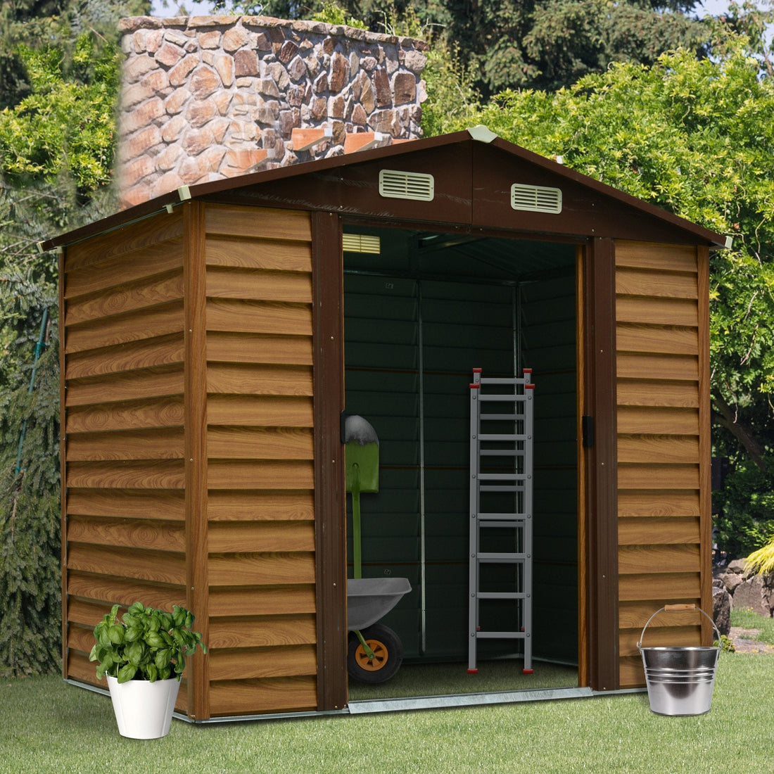 8 x 6ft Metal Garden Shed, House Hut Gardening Tool Storage with Ventilations, Sliding Door, Sloped Roof and Foundation Kit for Garden, Patio, Brown