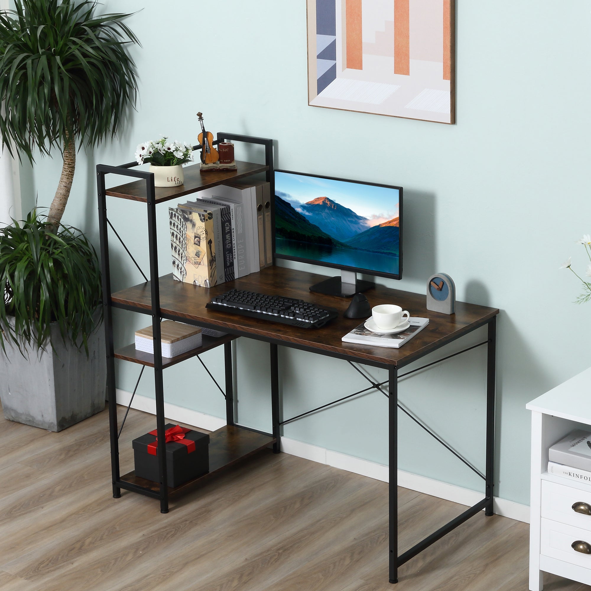 Reversible Computer Desk with Storage Shelves on Left or Right, Industrial Reversible Writing Desk for Home Office, Study, Easy Assembly, 120 x 64 x 121cm, Rustic Brown and Black
