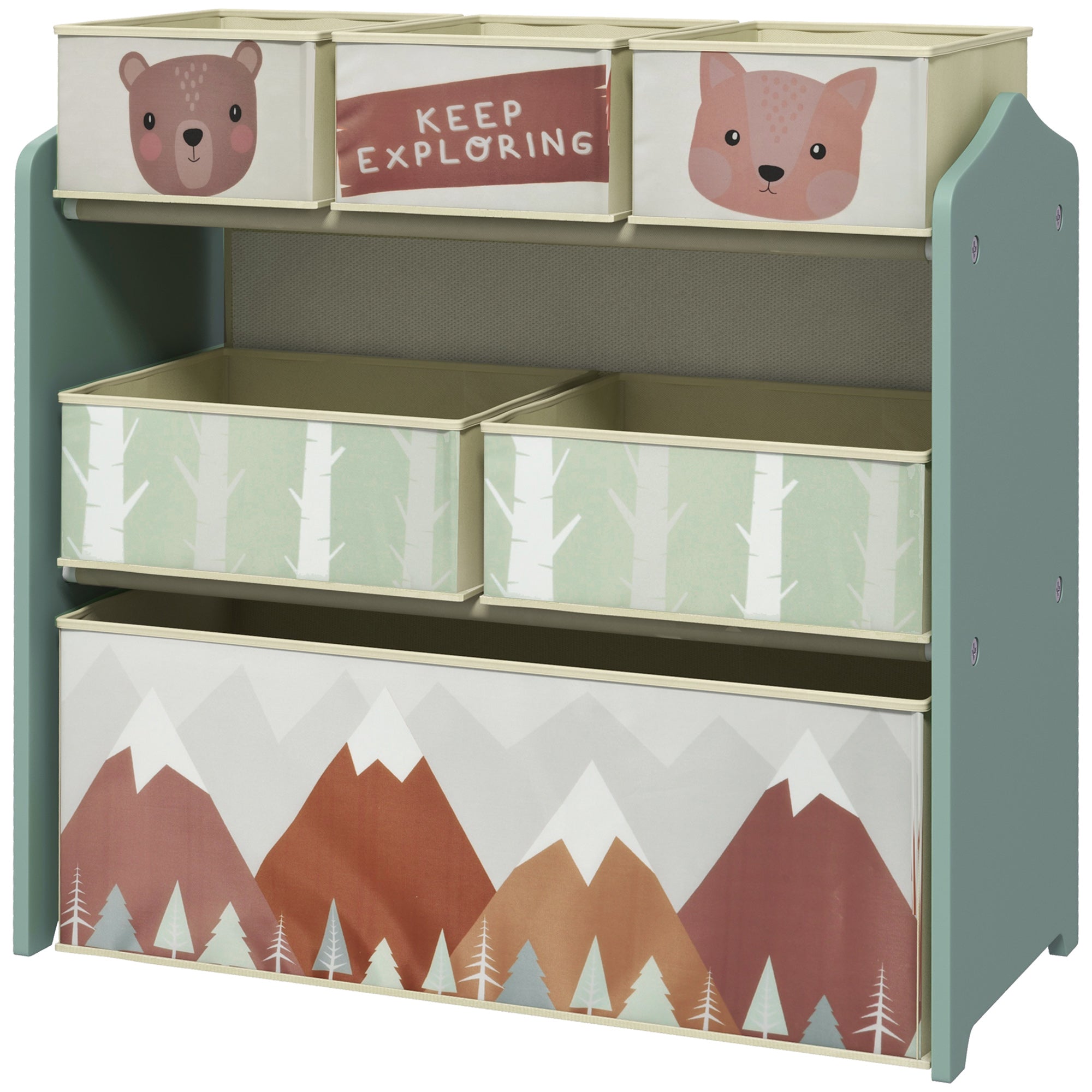 Kids Storage Unit, Toy Storage Organiser, with Six Fabric Bins, for Bedrooms, Playrooms, Nurseries - Green