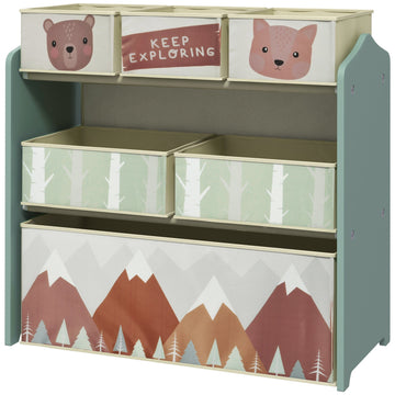 Kids Storage Unit, Toy Storage Organiser, with Six Fabric Bins, for Bedrooms, Playrooms, Nurseries - Green