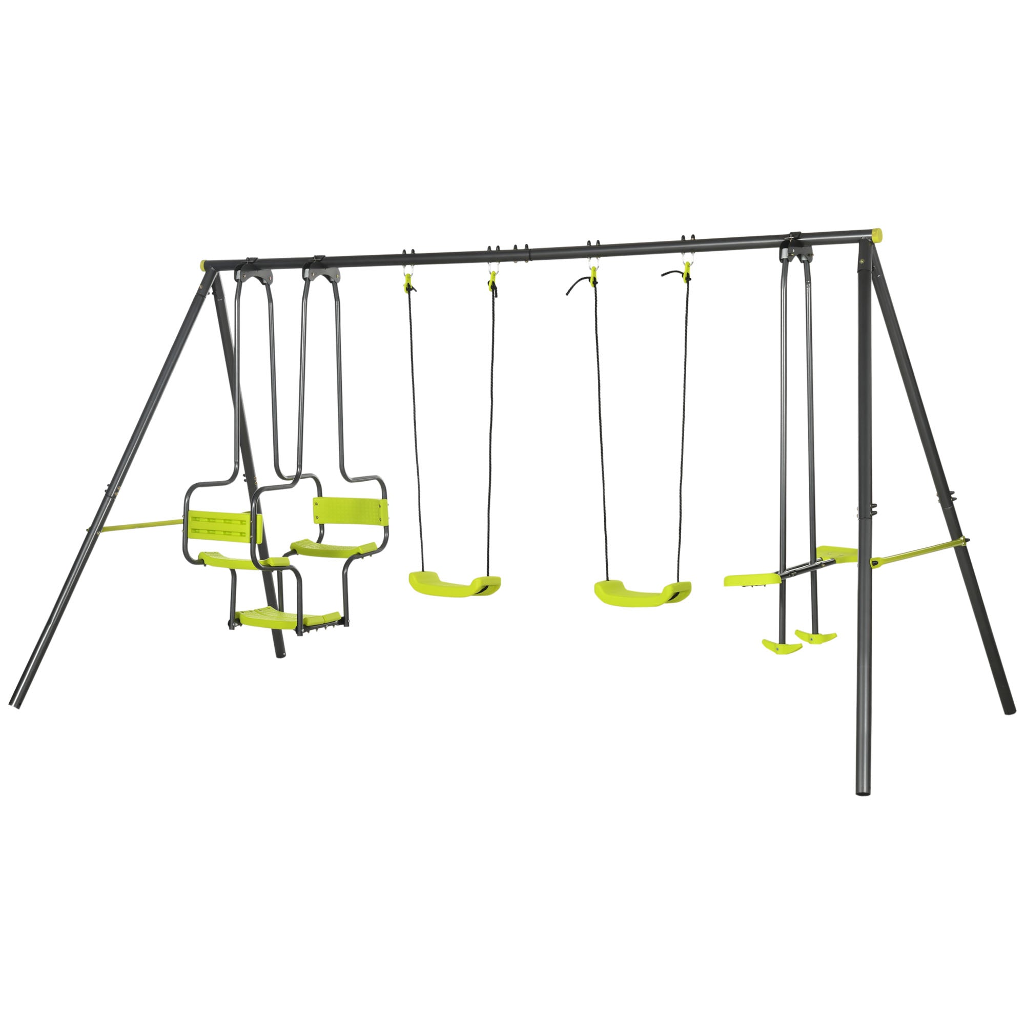 Metal Garden Swing Set with Double Swings, Glider, Swing Seats - Green