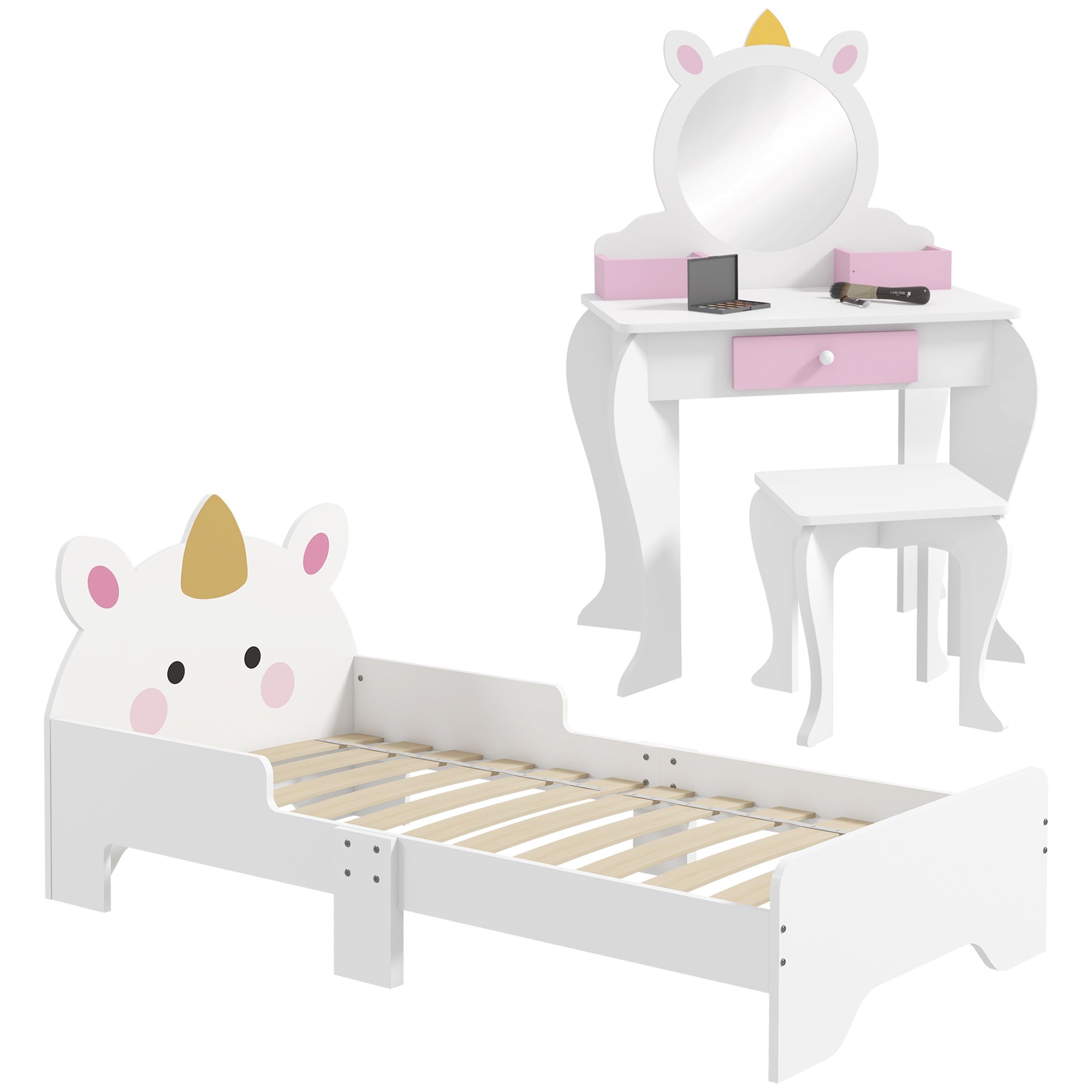 Kids Bedroom Furniture Set with Kids Dressing Table with Mirror and Stool, Toddler Bed Frame for 3-6 Years, Unicorn Design