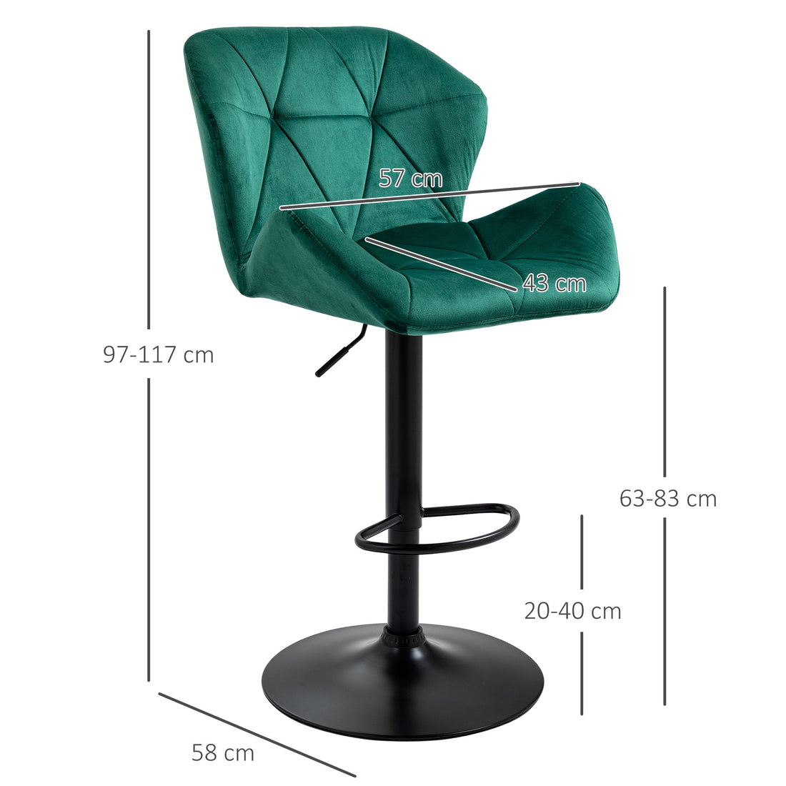 Bar Stools Set Of 2, Velvet-Touch Barstools with Metal Frame Footrest and Adjustable Height, Green