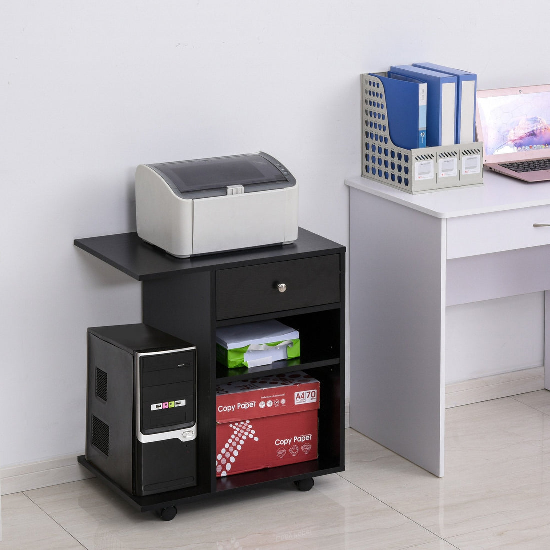 Mobile Printer Stand Rolling Cart Desk Side with CPU Stand Drawer Adjustable Shelf and Wheels 60cmx40cmx68.5cm Black