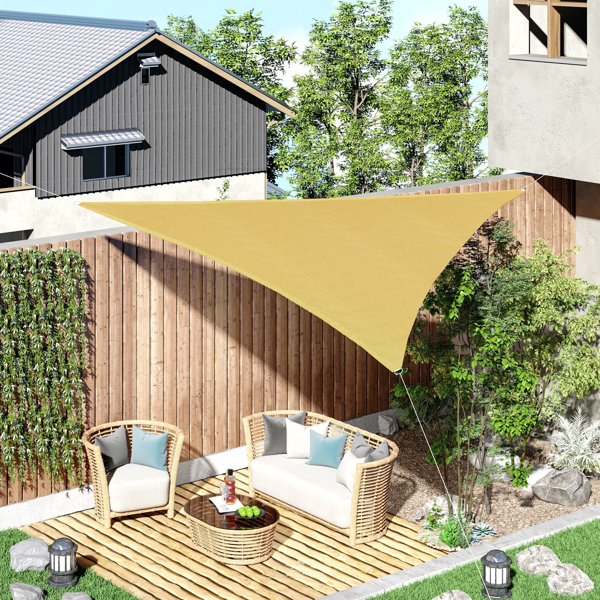 Triangle Sun Shade Sail Outdoor UV Protection HDPE Canopy w/ Steel Rings Ropes UV Block Outdoor Patio Shelter Yellow